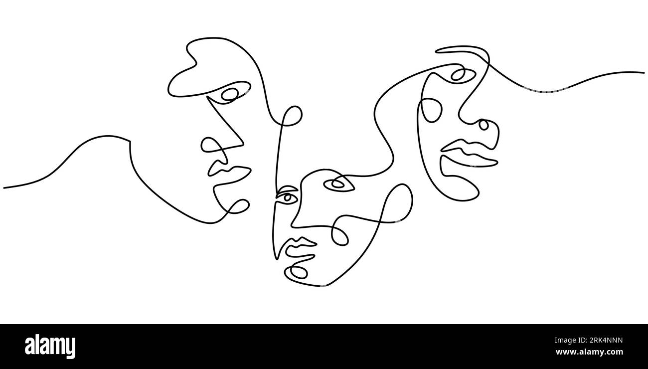 One line of abstract faces isolated on white background. Hand drawing continuous line minimalism. Stock Vektor