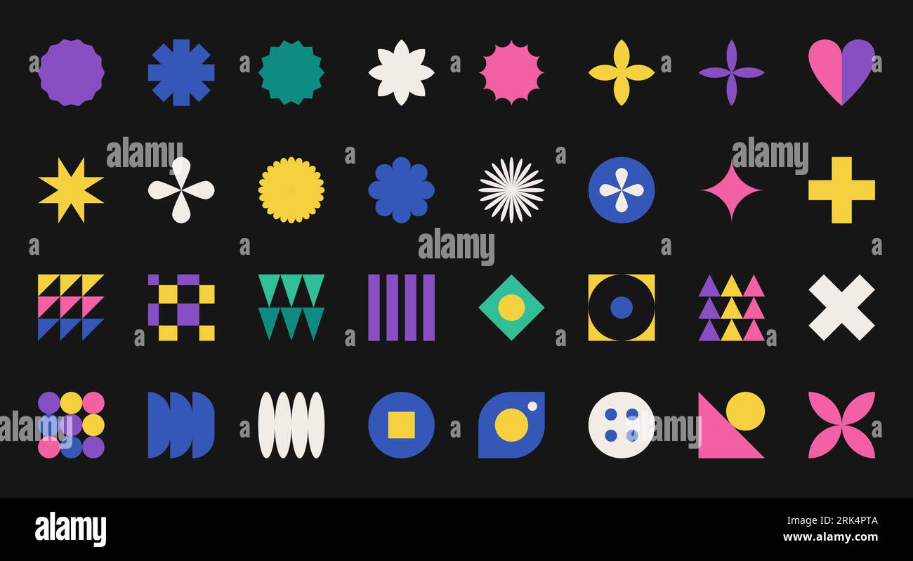 Ein Set einfacher geometrischer Formen im Stil des Schweizer Minimalismus, Bauhaus, Brutalismus. Abstrakte Designelemente. Dekorative Elemente des Farbvektors isoliert o Stock Vektor