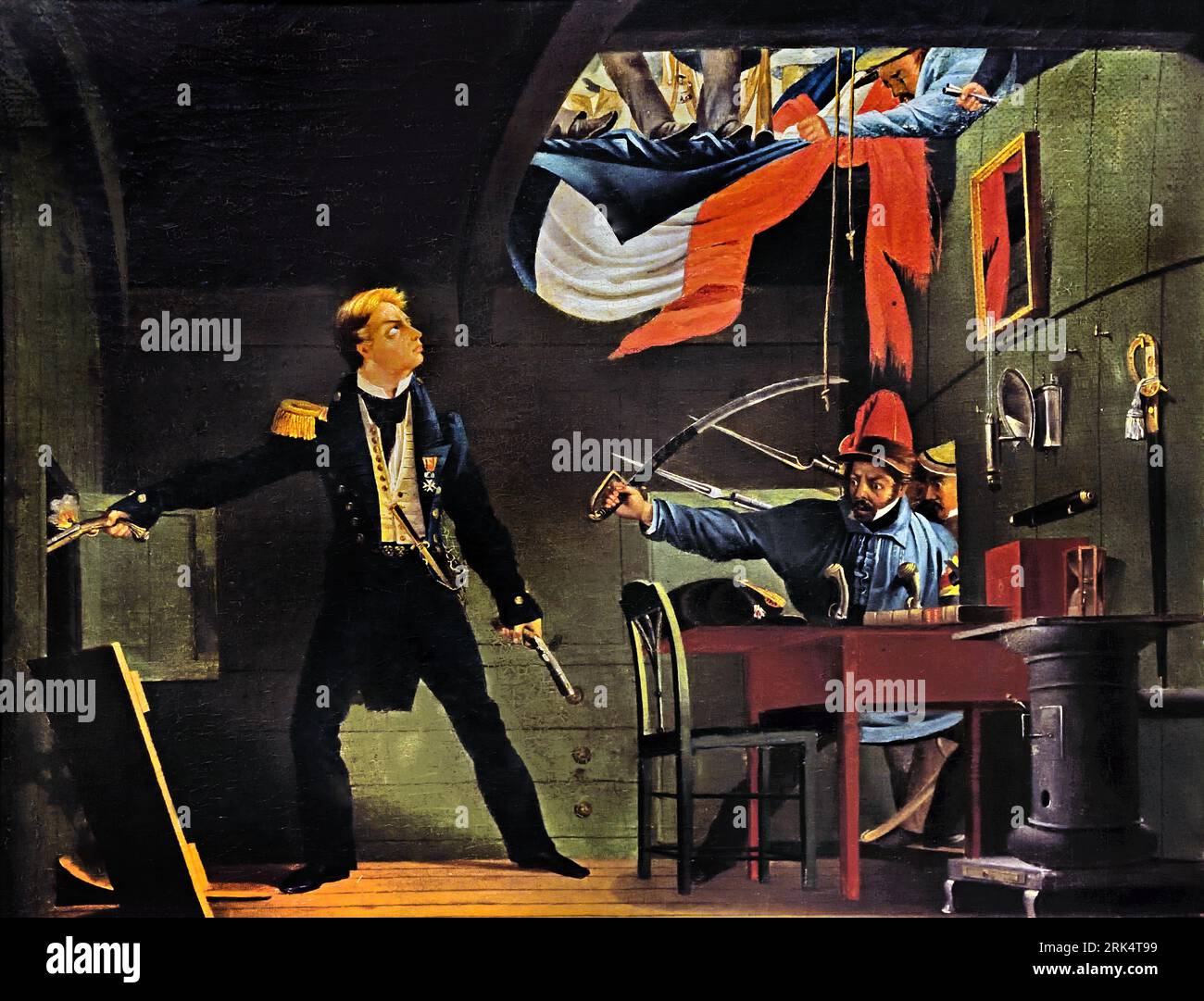 Jan Carel Josephus van Speyk von Dominicus Franciscus Dubois 1800-1840 Niederländisch, Niederlande, ( Jan Carel Josephus van Speyk 1802–1831) Leutnant Commander der Marine bei der United Netherlands Navy Hero in den Niederlanden für seinen Widerstand gegen die belgische Revolution. Eine absolute Demütigung für Van Speijk! Wenn das Schiff übernommen und die niederländische Flagge abgesetzt würde, wäre die Schande für die Nation vollständig und der Verlust des Gesichts für van Speijk zu groß, um es zu ertragen. Er reagierte schnell: Mit einer gigantischen Taschenlampe löste er eine taube Explosion aus, indem er sich selbst feuerte. Stockfoto