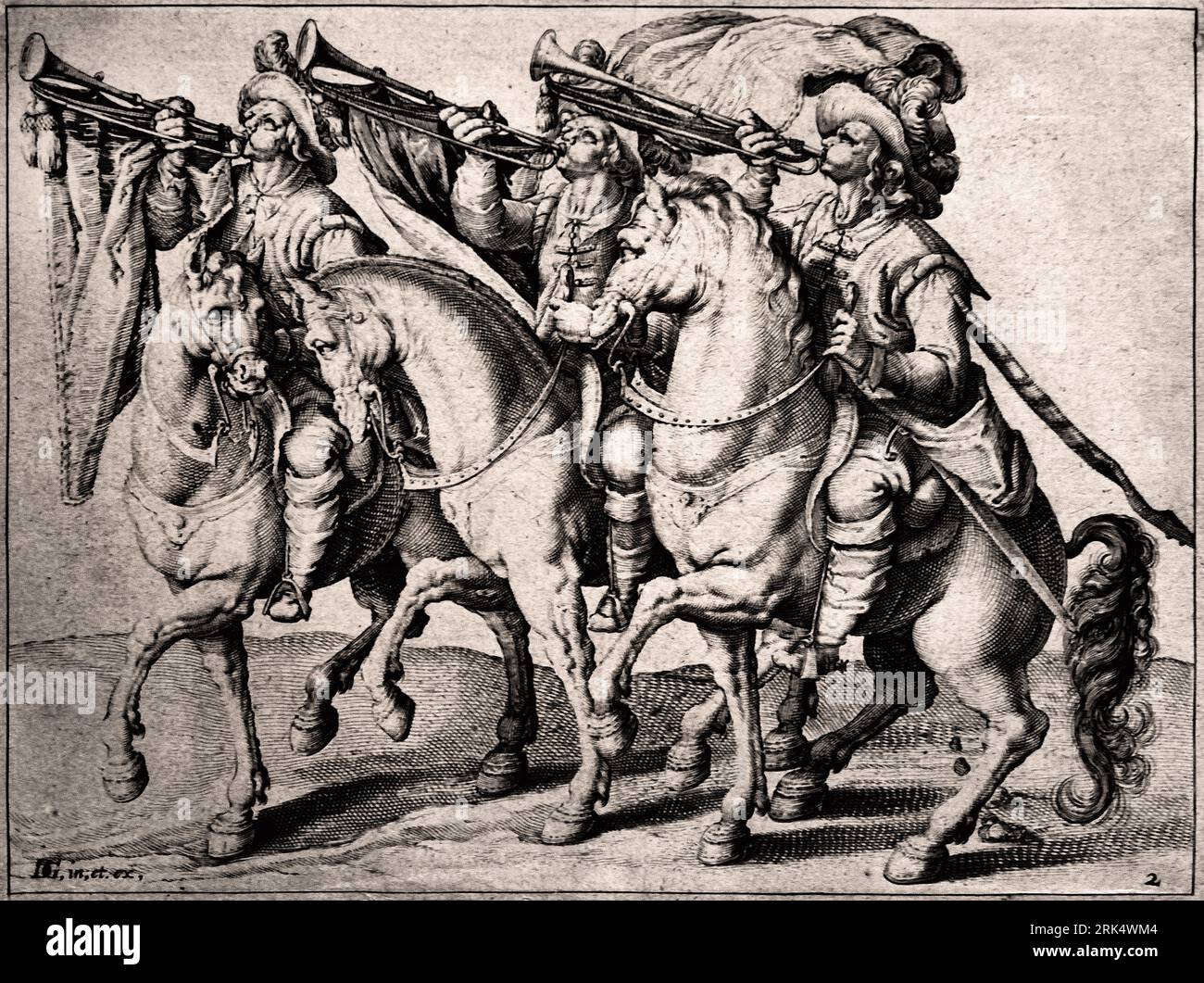 Drei Trompeter zu Pferd 1599 die Reitschule) drei Männer zu Pferd, Seite an Seite, reitend nach links, jeder mit einer Trompete an seinen Mund, von dem ein Banner hängt. Drucke, die einen oder mehrere verschiedene Arten von (meist gepanzerten) Reitern darstellen, Jacques de Gheyn, Rijksmuseum Amsterdam ( Krieg; militärische Angelegenheiten ( Kavallerie, Reiter, Horn, Trompete, Kornett, Posaune, Tuba ) Stockfoto