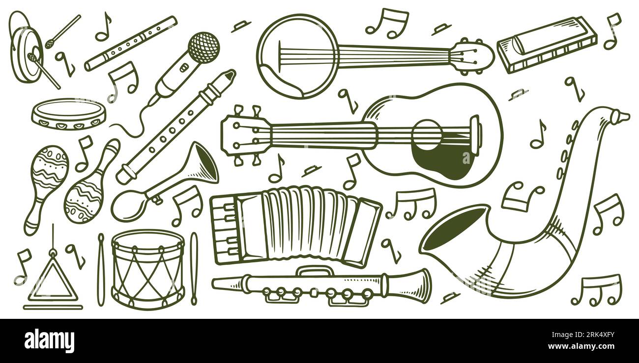 Hand gezeichnete Musik klassische Instrumente Kritzelsymbol Set isoliert auf weißem Hintergrund. Stock Vektor