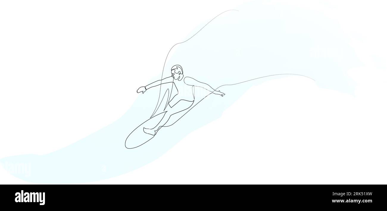 Durchgehende einzeilige Zeichnung eines Menschen, der eine große Welle surft. Einzeilige Zeichnung Surfer Design. Vektorillustration Stock Vektor