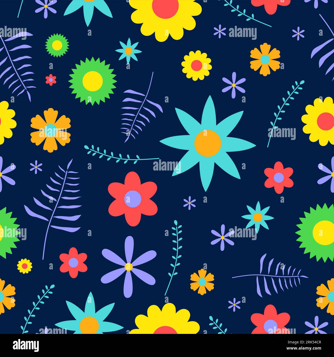 Colorful Daisy flower seamless pattern isolated on blue background. Stock Vektor