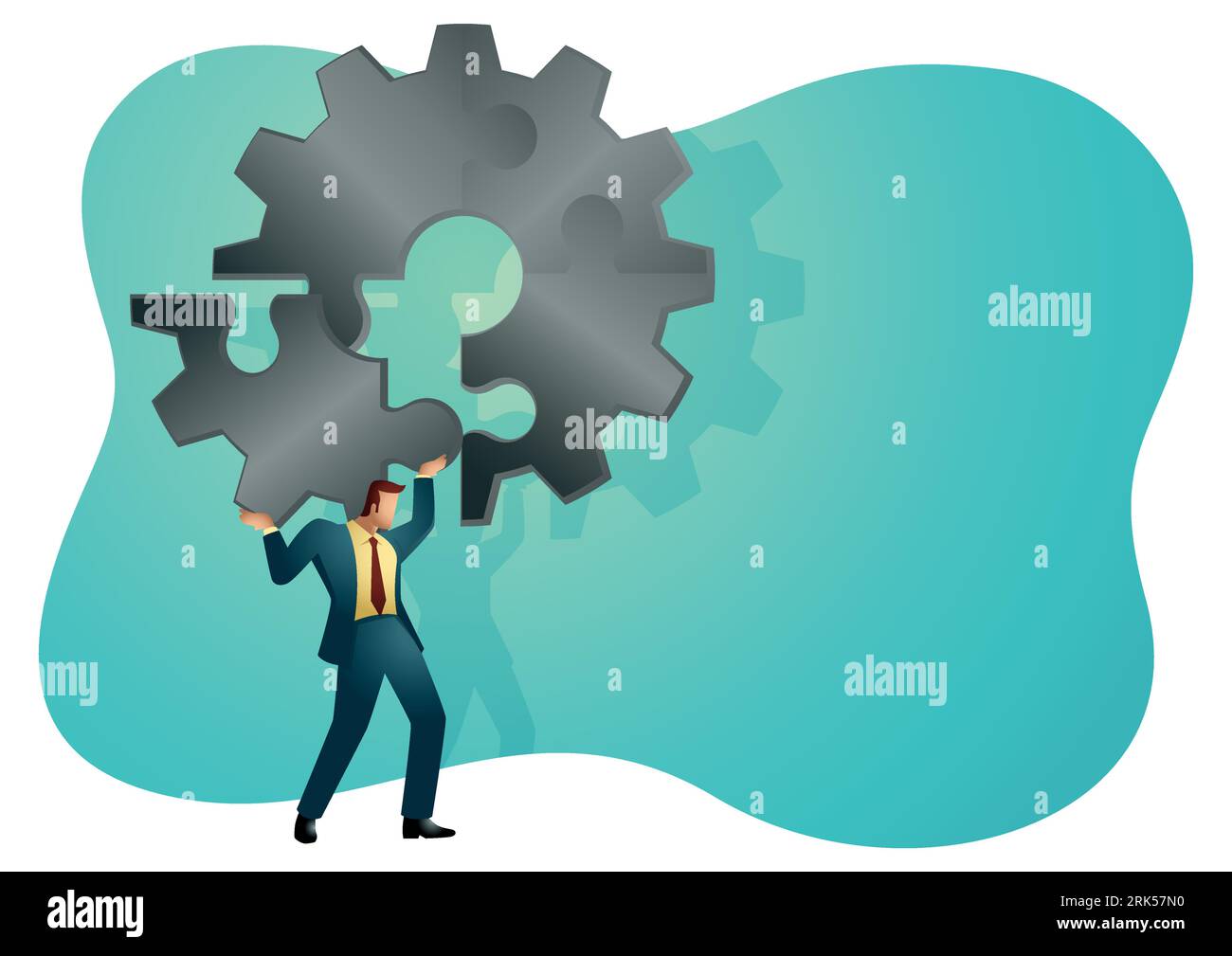 Business-Konzept Illustration eines Mannes, der auf seiner Schulter das letzte Puzzleteil hält, das ein Getriebe bildet, Geschäft, vollständig, Abschluss, solutio Stock Vektor