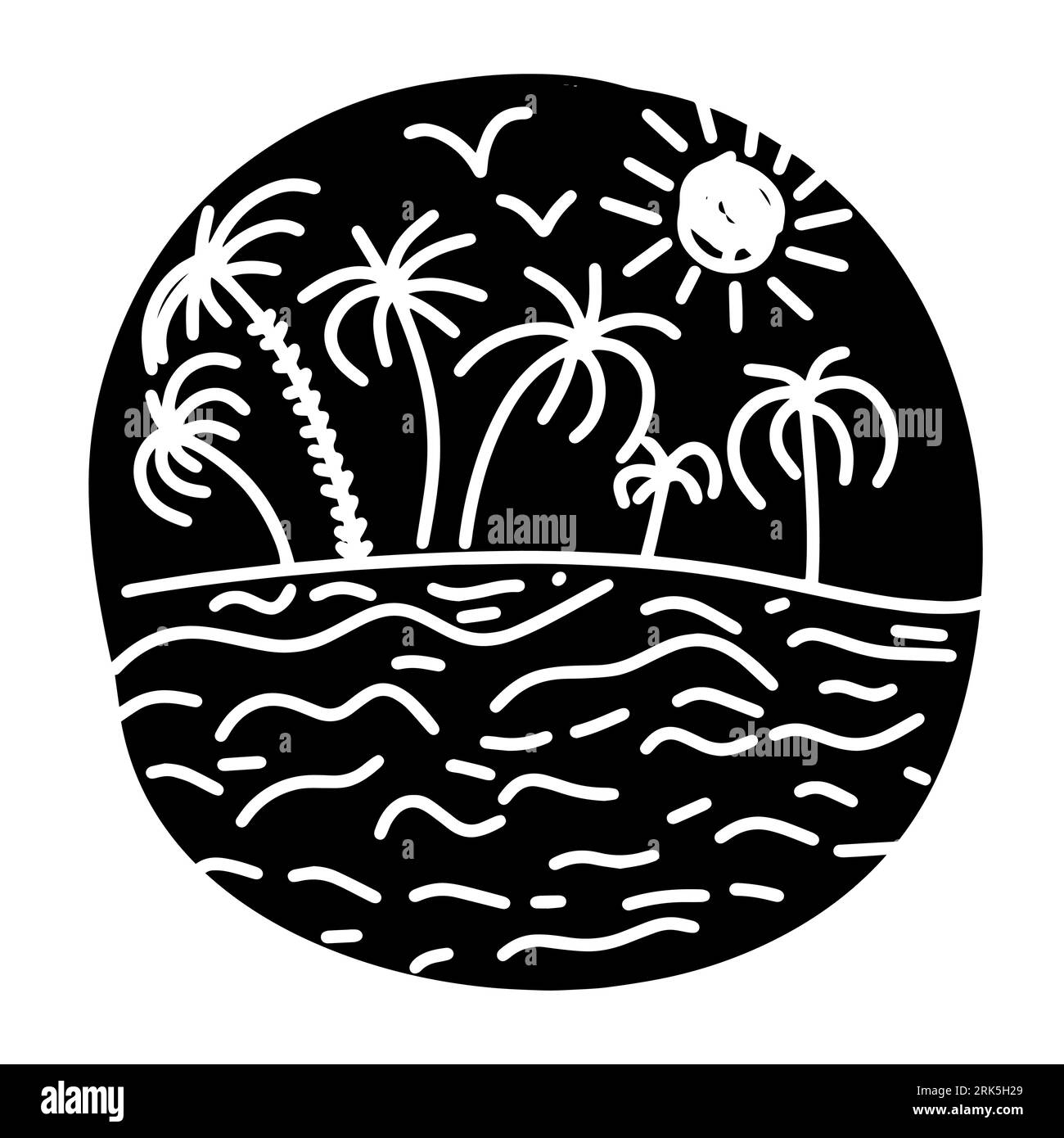 Schwarzes grafisches Objekt mit Palmen aus Meer und Sonne. Vektorillustration Stock Vektor