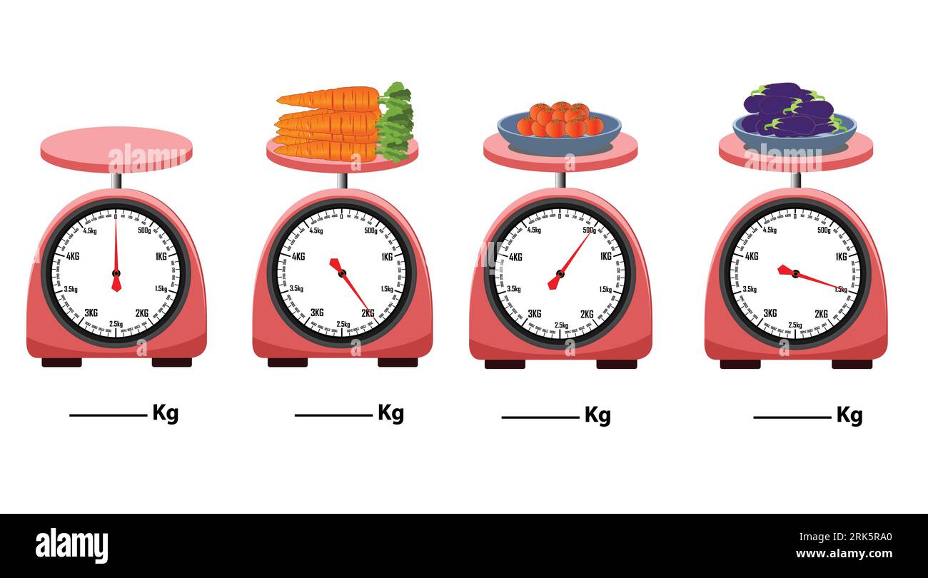 Analoge Skala. Karotten-, Tomaten-, Brinjal-Gewichtsskala. Isoliert auf weißem Hintergrund. Einfache Küchenwaage. Vektorillustration. Messung der analogen Skala Stock Vektor
