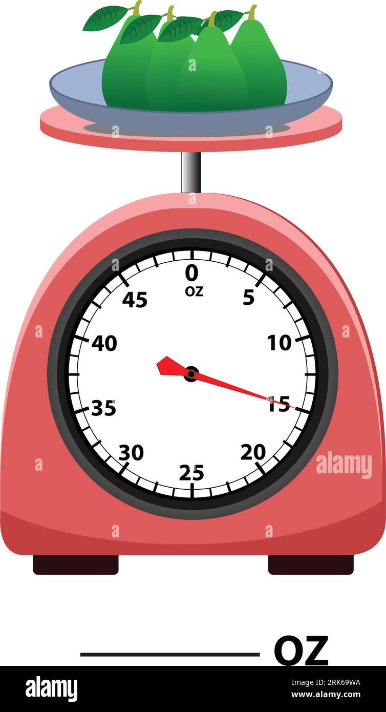 Messskala UNZE. Analoge Waage. Kürbis und Avocado. Isoliert auf weißem Hintergrund. Einfache Küchenwaage. Vektorillustration. Stock Vektor