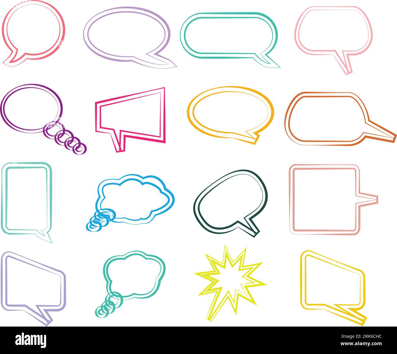 Beschreibungssymbole Farbkontur. Sprechblasenset. Comic Speech Doodle. Vektorausrufe festgelegt. Comic-Text-Sprechblase. Pop-Art-Stil. Stock Vektor