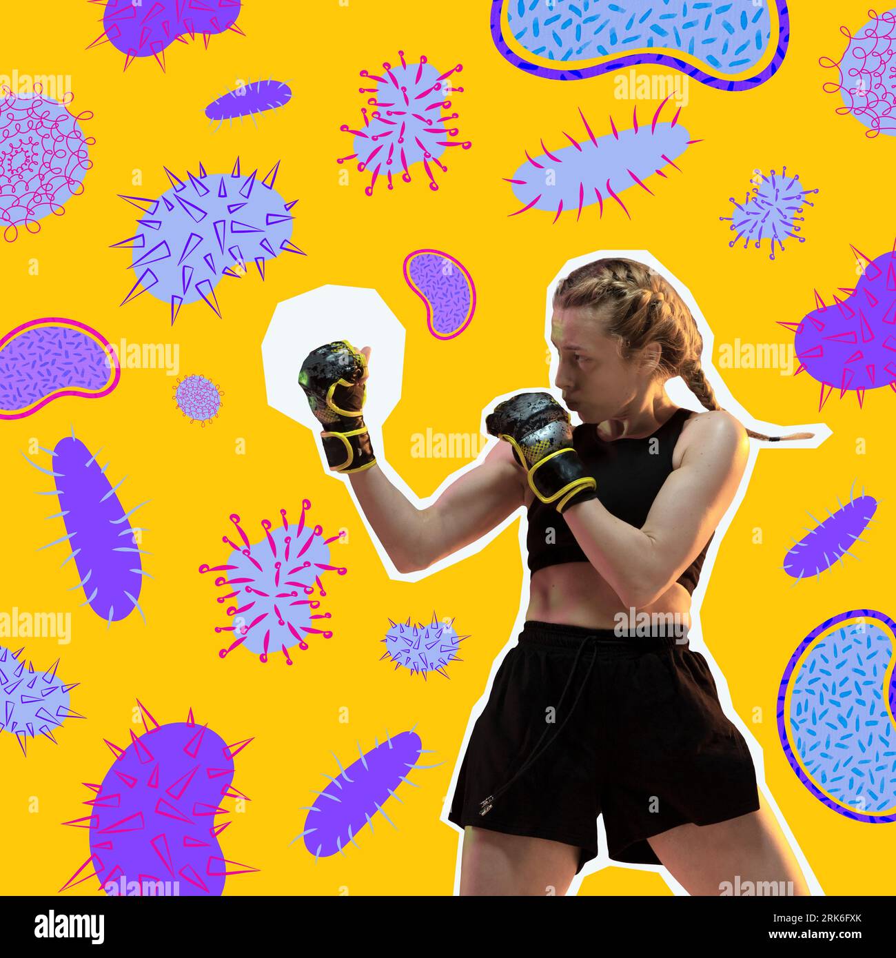 Contemporary art collage. Athletic, fit girl in boxing gloves in static pose fights with harmful bright bacteria. Stockfoto