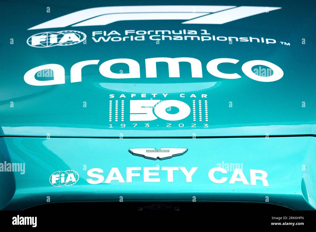General view of the signage on the Aston Martin Vantage Safety Car during a preview day ahead of Sunday's 2023 Netherlands Grand Prix at CM.com Circuit Zandvoort in Zandvoort, Netherlands. Picture date: Thursday August 24, 2023. Stockfoto