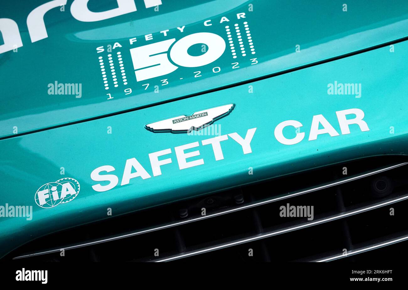 General view of the signage on the Aston Martin Vantage Safety Car during a preview day ahead of Sunday's 2023 Netherlands Grand Prix at CM.com Circuit Zandvoort in Zandvoort, Netherlands. Picture date: Thursday August 24, 2023. Stockfoto