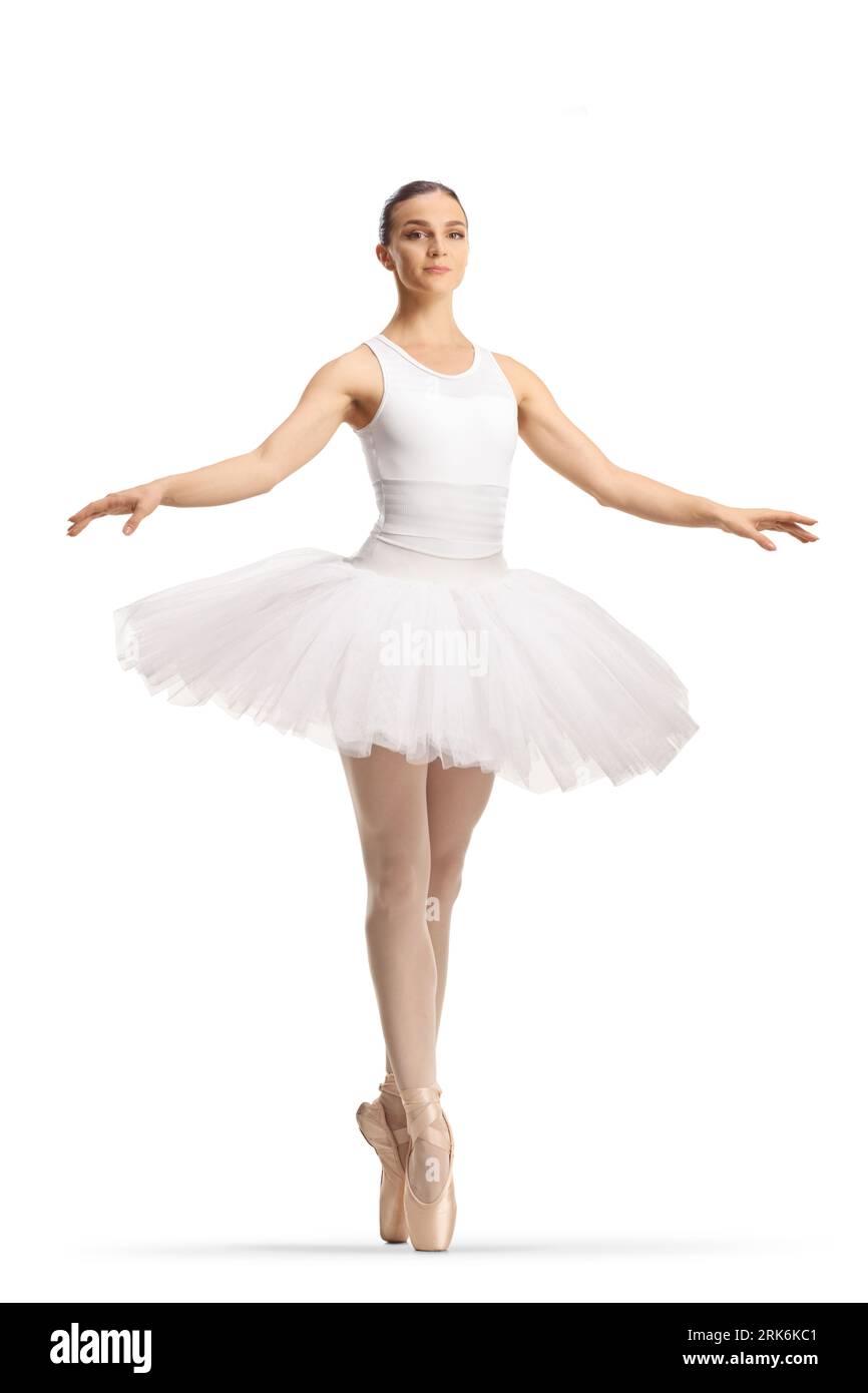 Ballerina in einem weißen Tutu-Kleid, das isoliert auf weißem Hintergrund tanzt Stockfoto