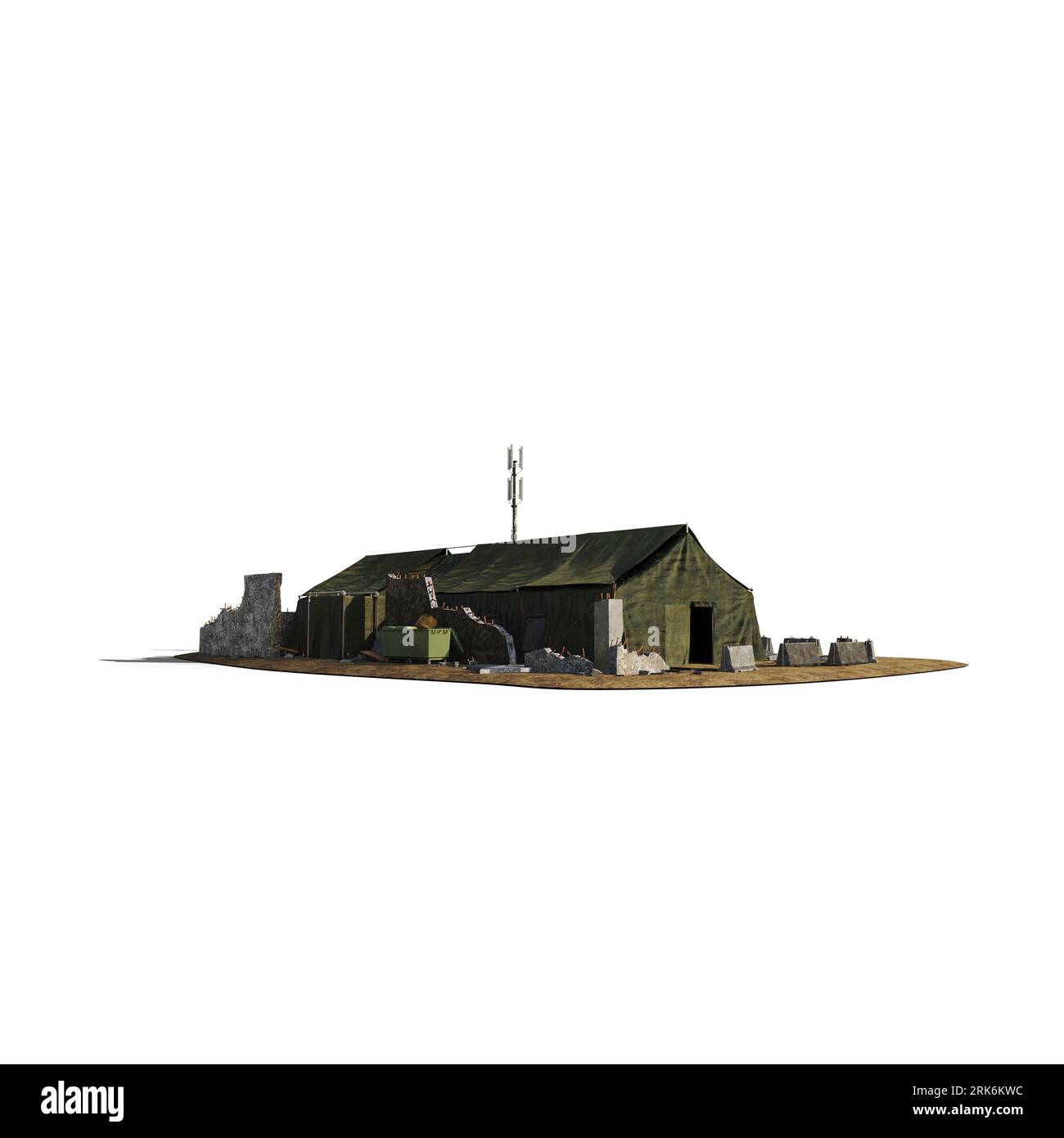Ein 3D-Rendering eines verlassenen Gebäudes in einem ländlichen Setting-Modell, isoliert auf weißem Hintergrund Stockfoto