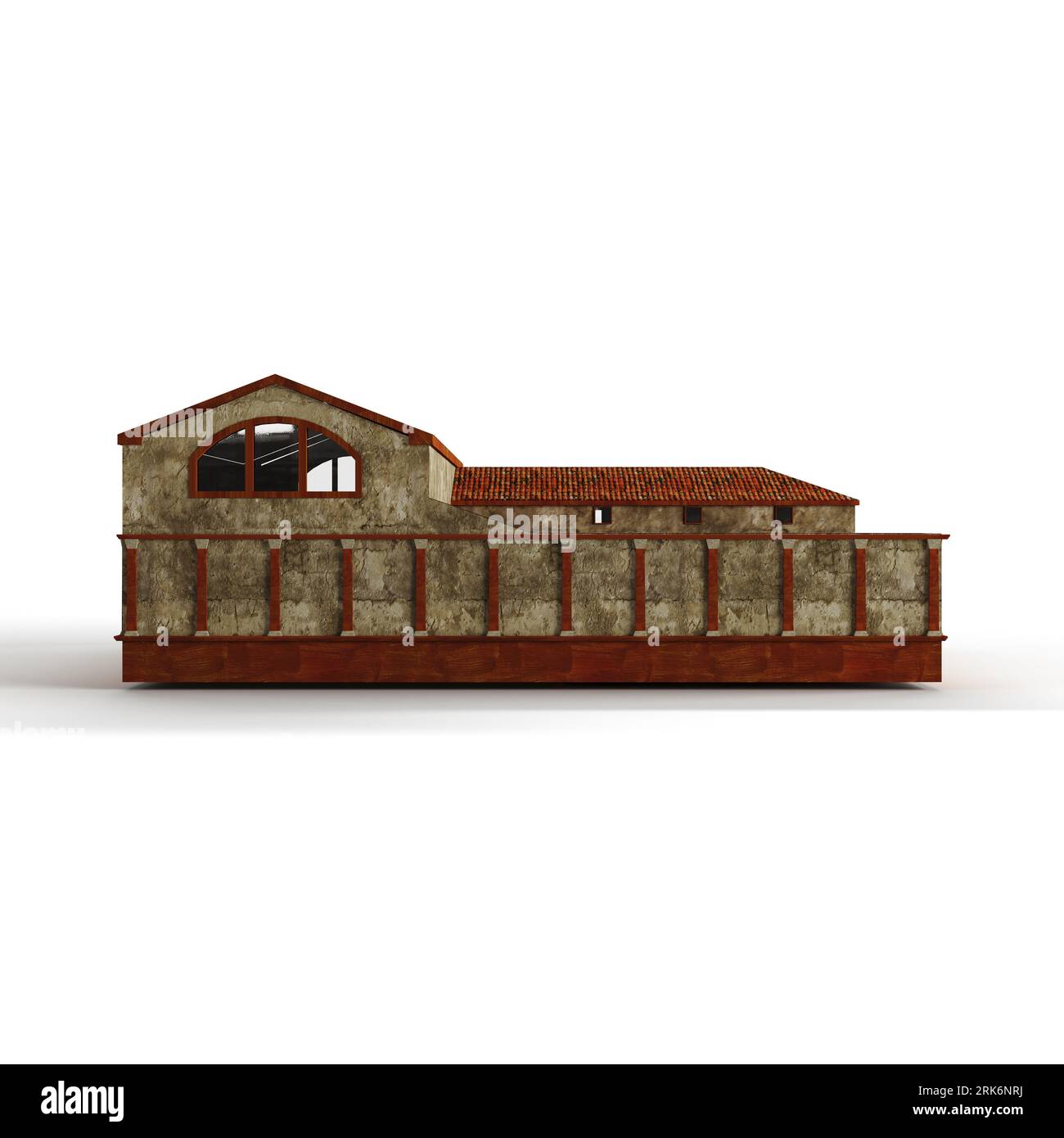 Ein 3D-Rendering eines mehrstöckigen Gebäudemodells mit verschiedenen Fenstern, die auf einem weißen Hintergrund isoliert sind Stockfoto