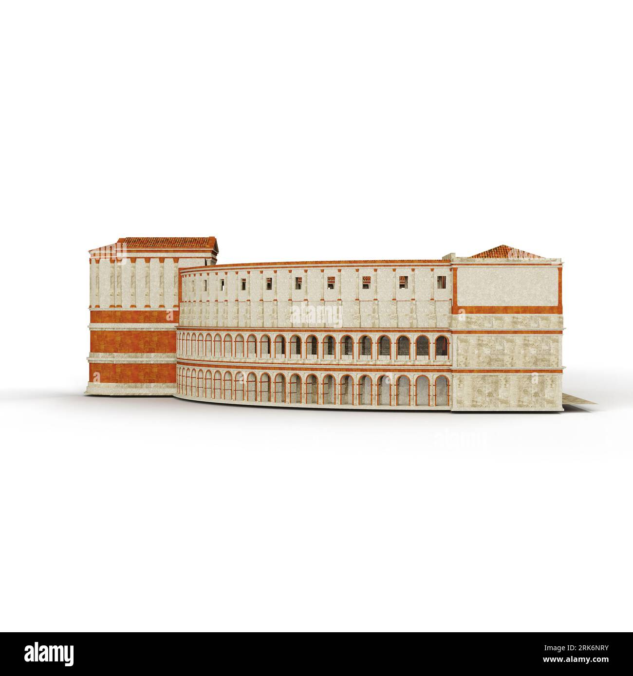 Ein 3D-Rendering eines mehrstöckigen Gebäudemodells mit verschiedenen Fenstern, die auf einem weißen Hintergrund isoliert sind Stockfoto