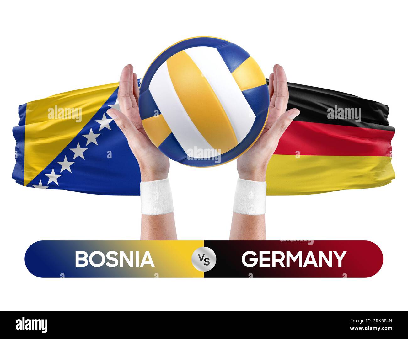 Bosnien gegen Deutschland Nationalmannschaften Volleyballspiel Konzept. Stockfoto