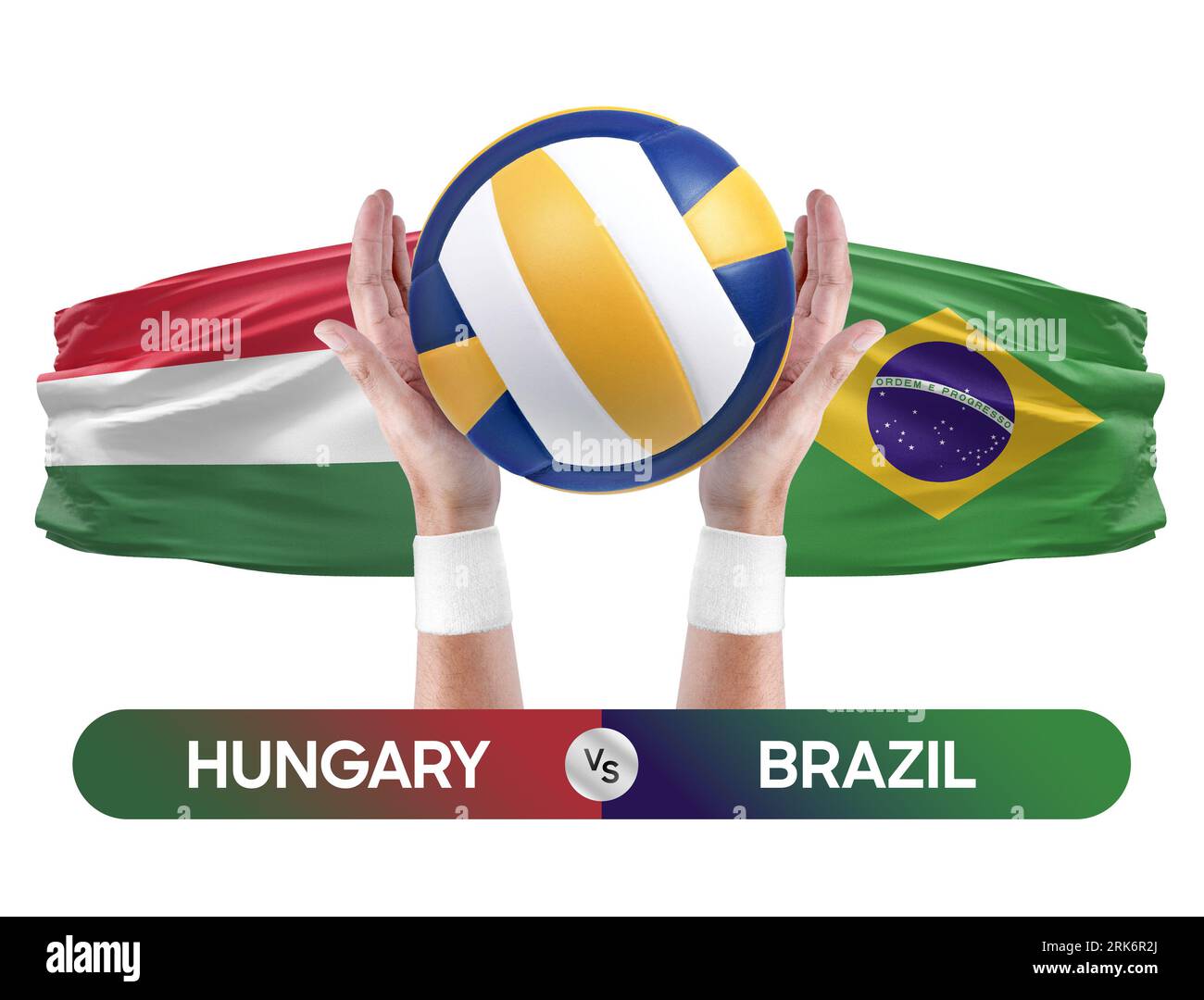 Ungarn gegen Brasilien Nationalmannschaften Volleyball Volleyballspiel Wettbewerbskonzept. Stockfoto