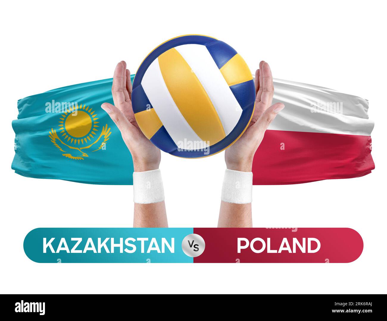 Kasachstan gegen Polen Nationalmannschaften Volleyball Volleyball-Ball-Match-Konzept. Stockfoto