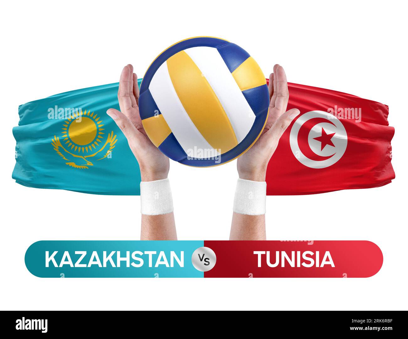 Kasachstan gegen Tunesien Nationalmannschaften Volleyball Volleyball-Ball-Match-Konzept. Stockfoto