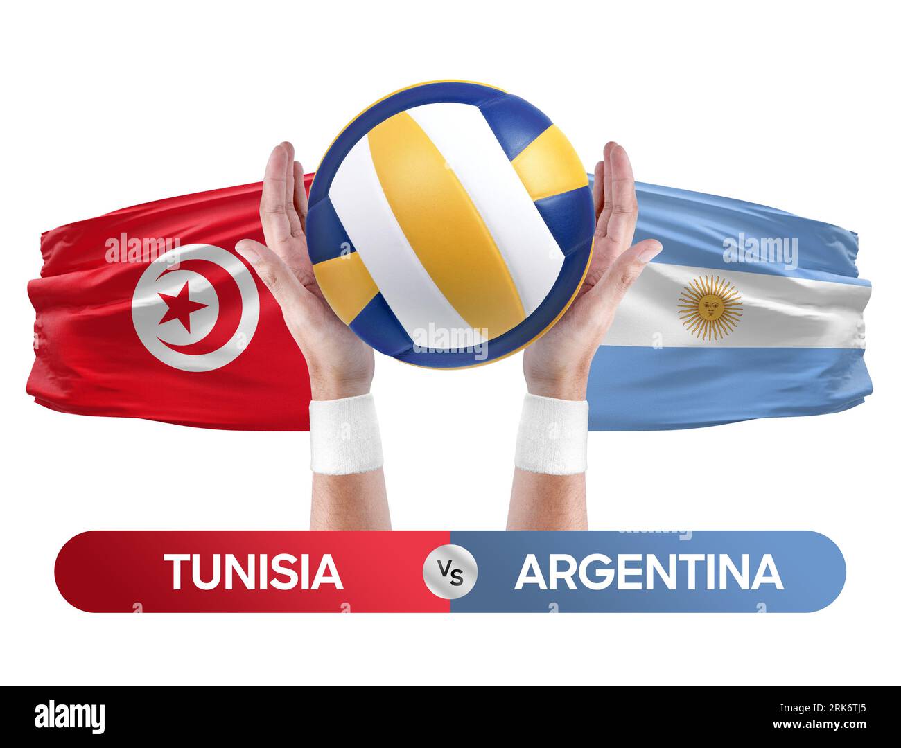 Tunesien gegen Argentinien Nationalmannschaften Volleyball Volleyball-Ball-Spiel-Konzept. Stockfoto