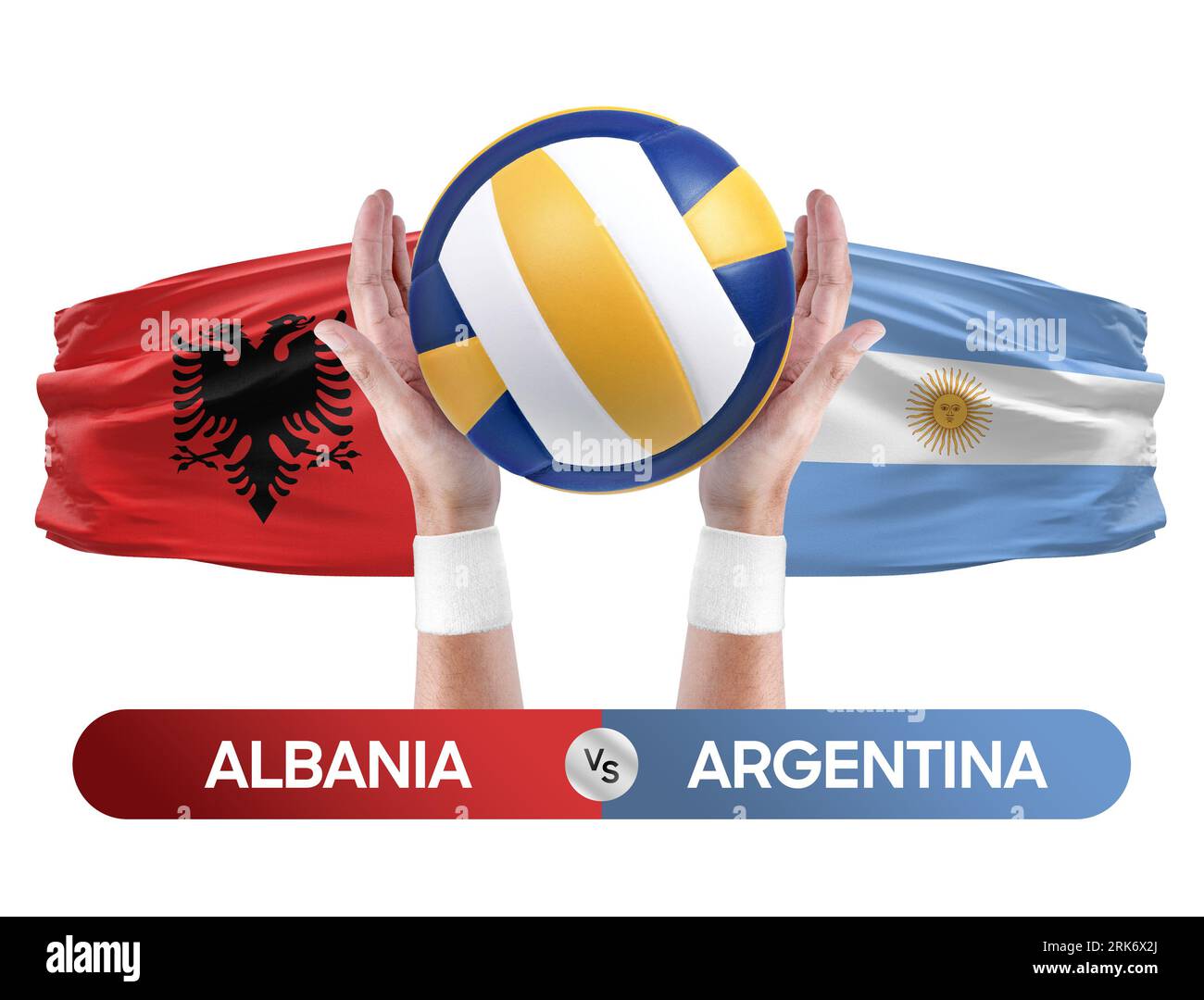 Albanien gegen Argentinien Nationalmannschaften Volleyball Volleyball-Volleyball-Spiel-Wettkampf-Konzept. Stockfoto