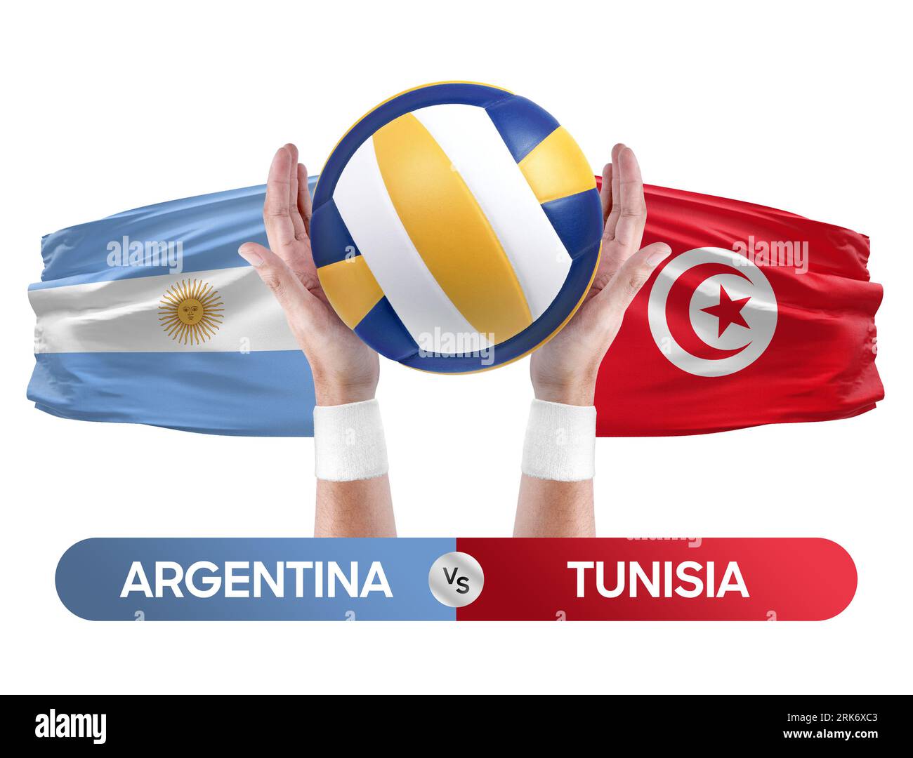 Argentinien gegen Tunesien Nationalmannschaften Volleyball Volleyball-Ball-Match-Konzept. Stockfoto