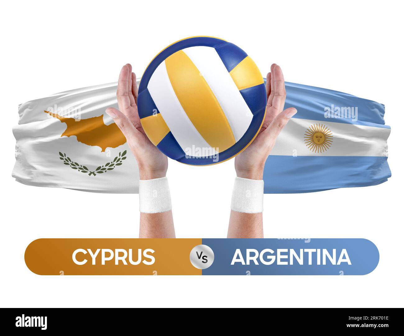 Zypern gegen Argentinien Nationalmannschaften Volleyball Volleyballspiel Wettbewerbskonzept. Stockfoto