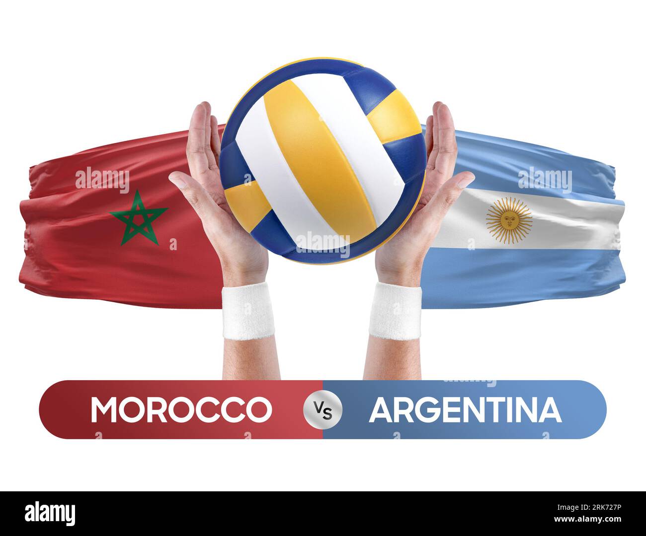 Das Konzept eines Volleyball-Volleyball-Match-Wettbewerbs zwischen Marokko und Argentinien. Stockfoto