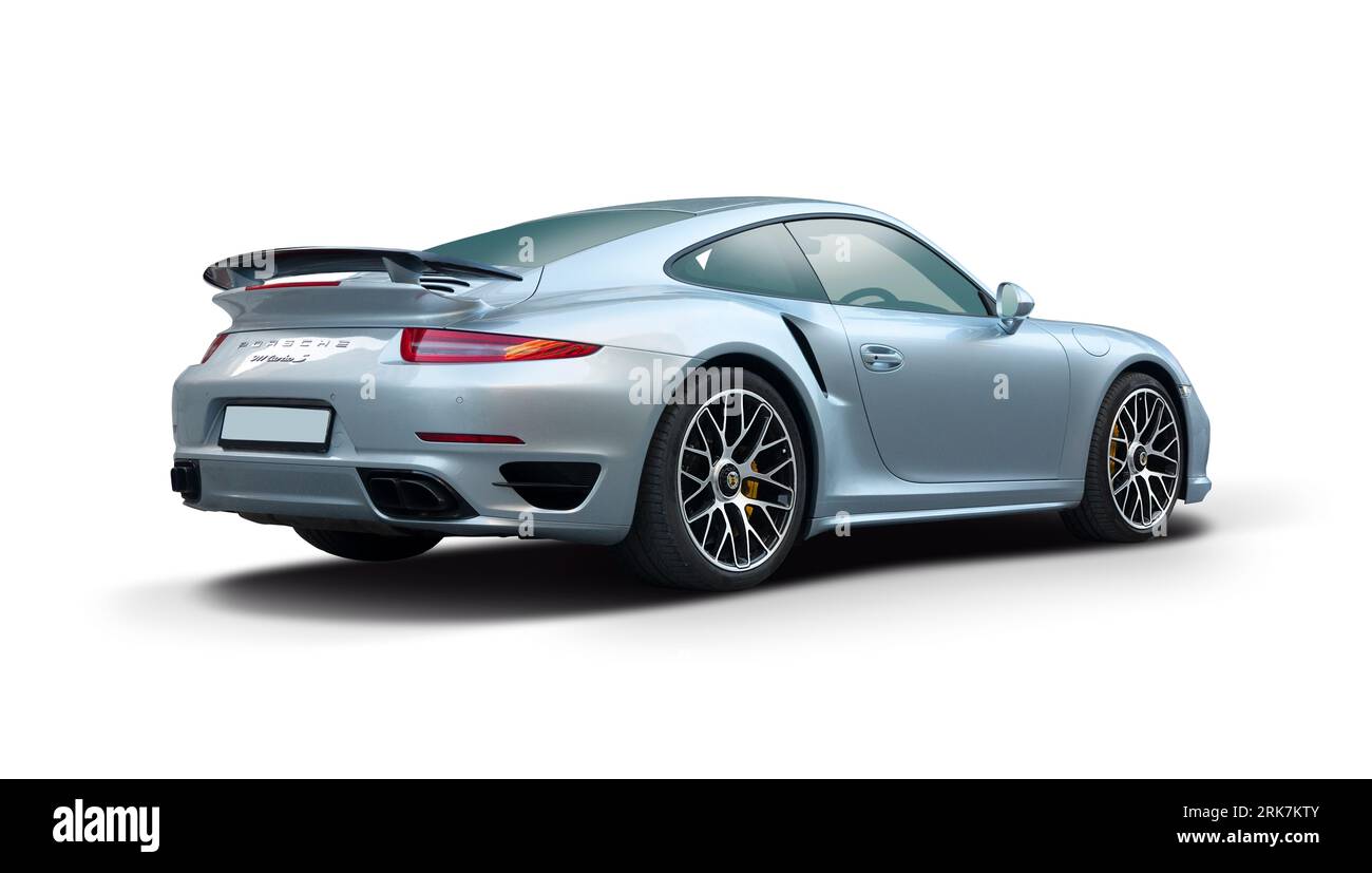 Porsche 911 Turbo S Auto, Rückansicht isoliert auf weißem Hintergrund Stockfoto