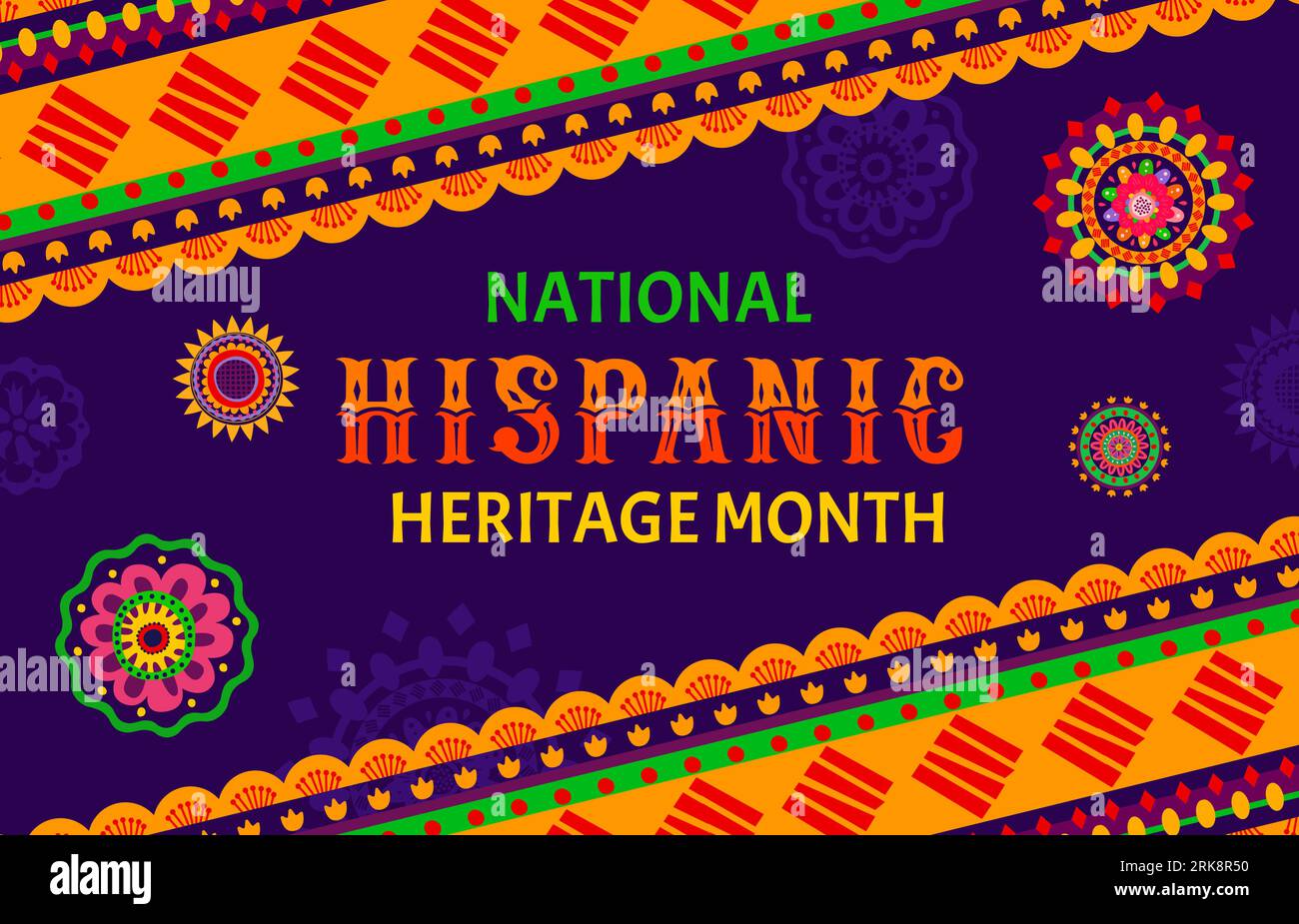 National Hispanic Heritage Month Festival Flyer mit ethnischen Blumenschmuck, Vektorhintergrund. Hispanische Amerikaner Kultur, Traditionen und Kunstvermächtnis Stock Vektor