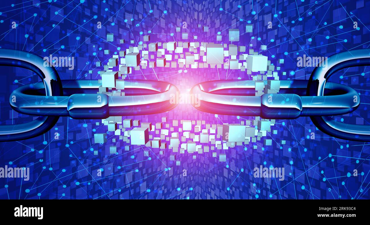 Blockchain-Technologie oder Blockkonzept als digitale Kettenverbindung als Sicherheitssymbol für Internet-Banking oder Krypto- und Kryptowährungsnetzwerke Stockfoto
