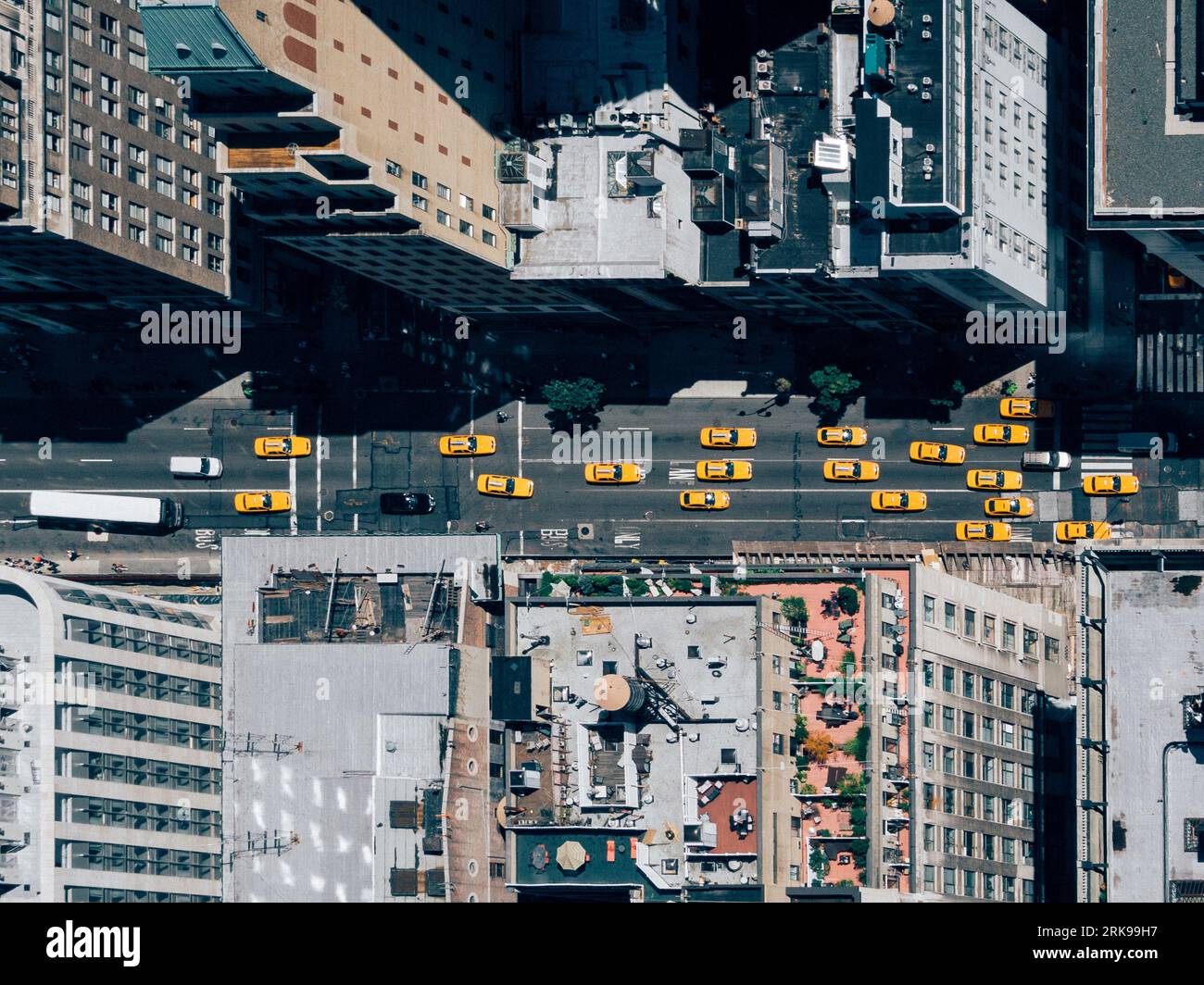 Taxis aus der Vogelperspektive in den Straßen von New York City. Taxis fahren eine Straße/Allee in Manhattan, New York City, aus der Luft gesehen. Stockfoto