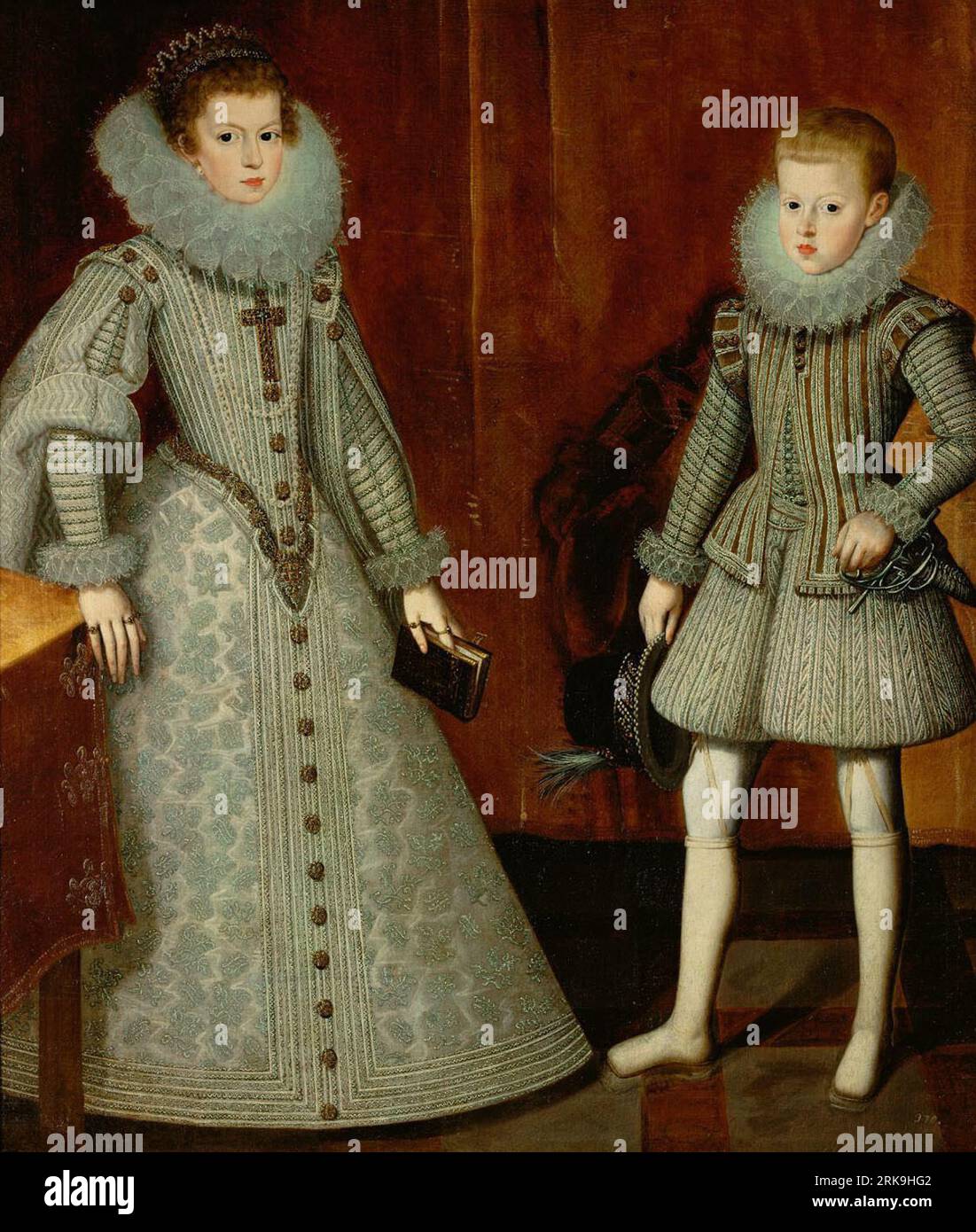 König Philipp IV Von Spanien (1605–1665) mit seiner Schwester, der Infantin Anna (1601–1666), Bildnis in der ganzen Figur um 1612 von Bartolomé González y Serrano Stockfoto