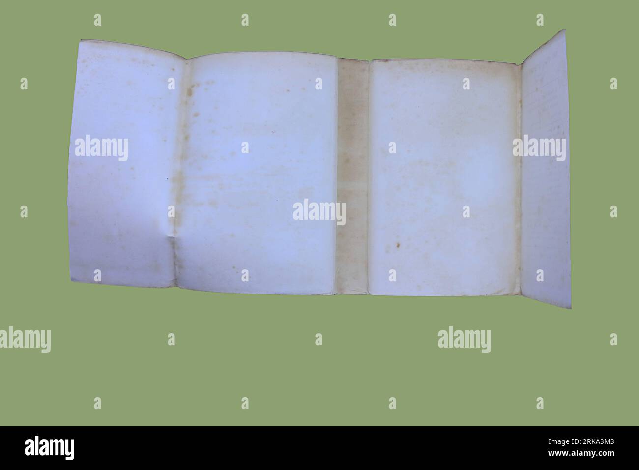Alte Bücher: Die Unterseite eines alten Papierstaubmantels zeigt schwere Fuxing. Wird vor einem grünen Hintergrund mit Kopierraum eingestellt. Stockfoto