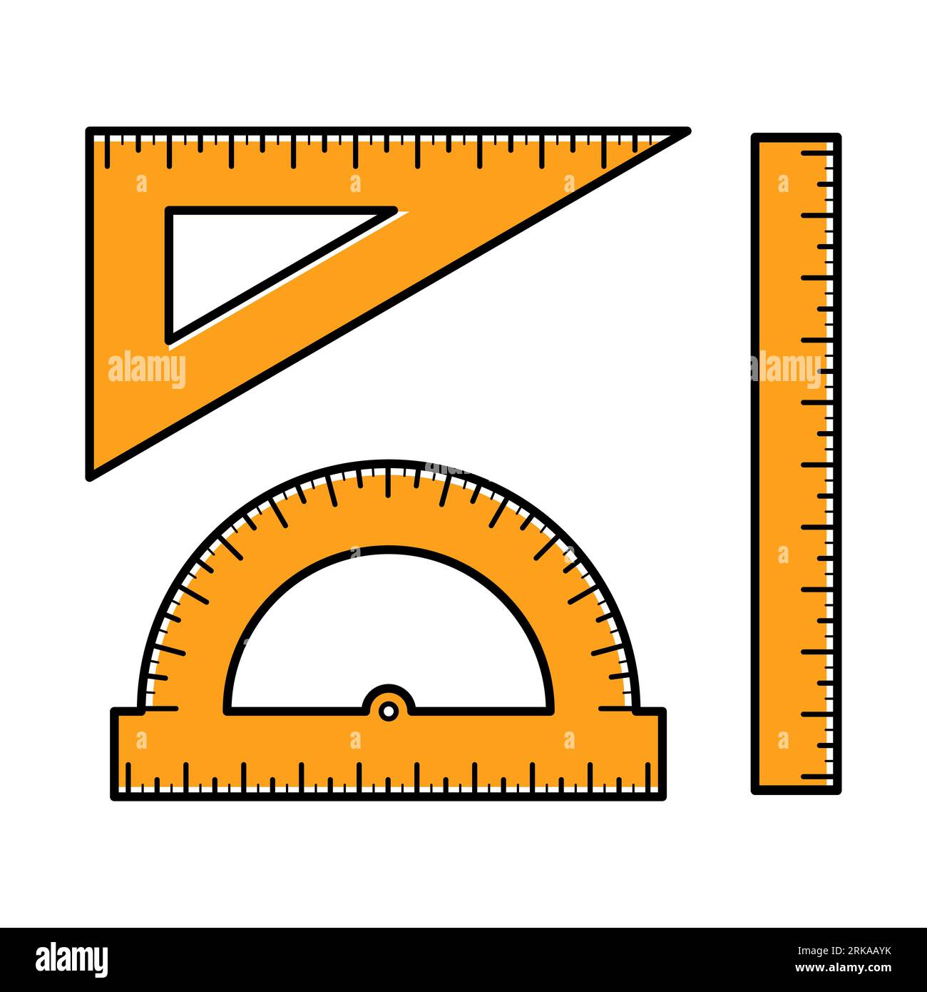 Set aus Schreibwarenelementen: Winkelmesser, Quadrat, Lineal mit Skala. „Back to School“-Konzept. Isolierte Vektorillustration im Zeilendrachen-Stil. Stock Vektor