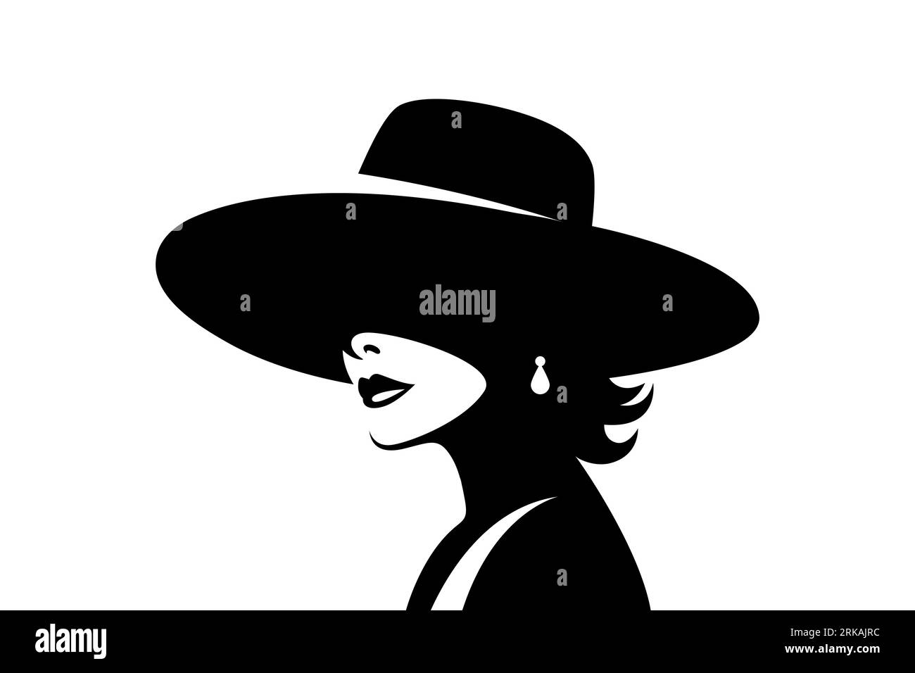 Vector Silhouette Porträt einer Frau mit Hut. Schwarz-Weiß-Illustration eines wunderschönen Mädchens, Vintage Cutout-Stil, Designvorlage für Logo Stock Vektor