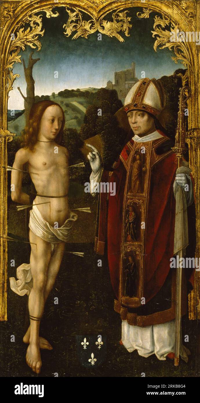 Der Heilige Sebastian und ein Bischofssitz zwischen 1480 und 1495 (frühe Neuzeit) durch den Meister der Jungfrau Inter Virgines Stockfoto