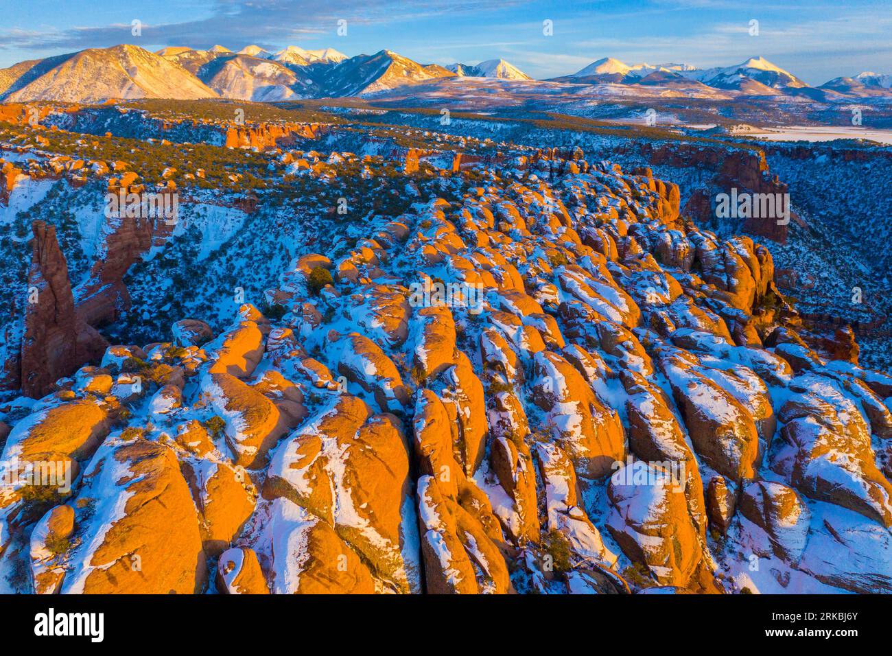 Breaking Wave Rocks und La Sal Mountains, vorgeschlagene BLM Wilderness bei Moab, Utah Stockfoto