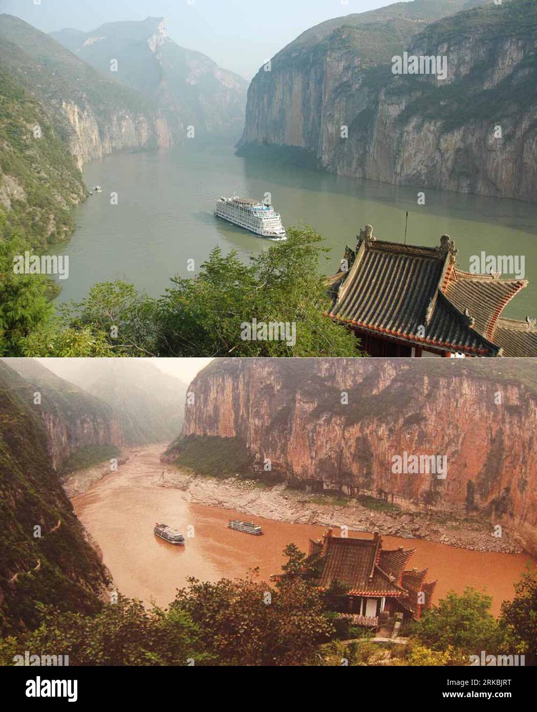 Bildnummer: 54565768 Datum: 26.10.2010 Copyright: imago/Xinhua (101026) -- CHONGQING, Okt. 26, 2010 (Xinhua) -- ein Combo-Foto zeigt die Qutang-Schlucht, eine der drei Schluchten am Changjiang-Fluss, nachdem der Wasserstand des Three Gorges Reservoir am 17. Oktober 2006 156 Meter und das vor dem Wasserstand von 135 Metern erreicht hatte (Dateifoto). Der Wasserstand erreichte am 26. Oktober 2010 im Three Gorges Reservoir 175 Meter. Die 175-Meter-Marke, ein Meilenstein beim Bau des gigantischen Stausees, würde es dem Projekt ermöglichen, seine Funktionen als Hochwasser zu erfüllen Stockfoto