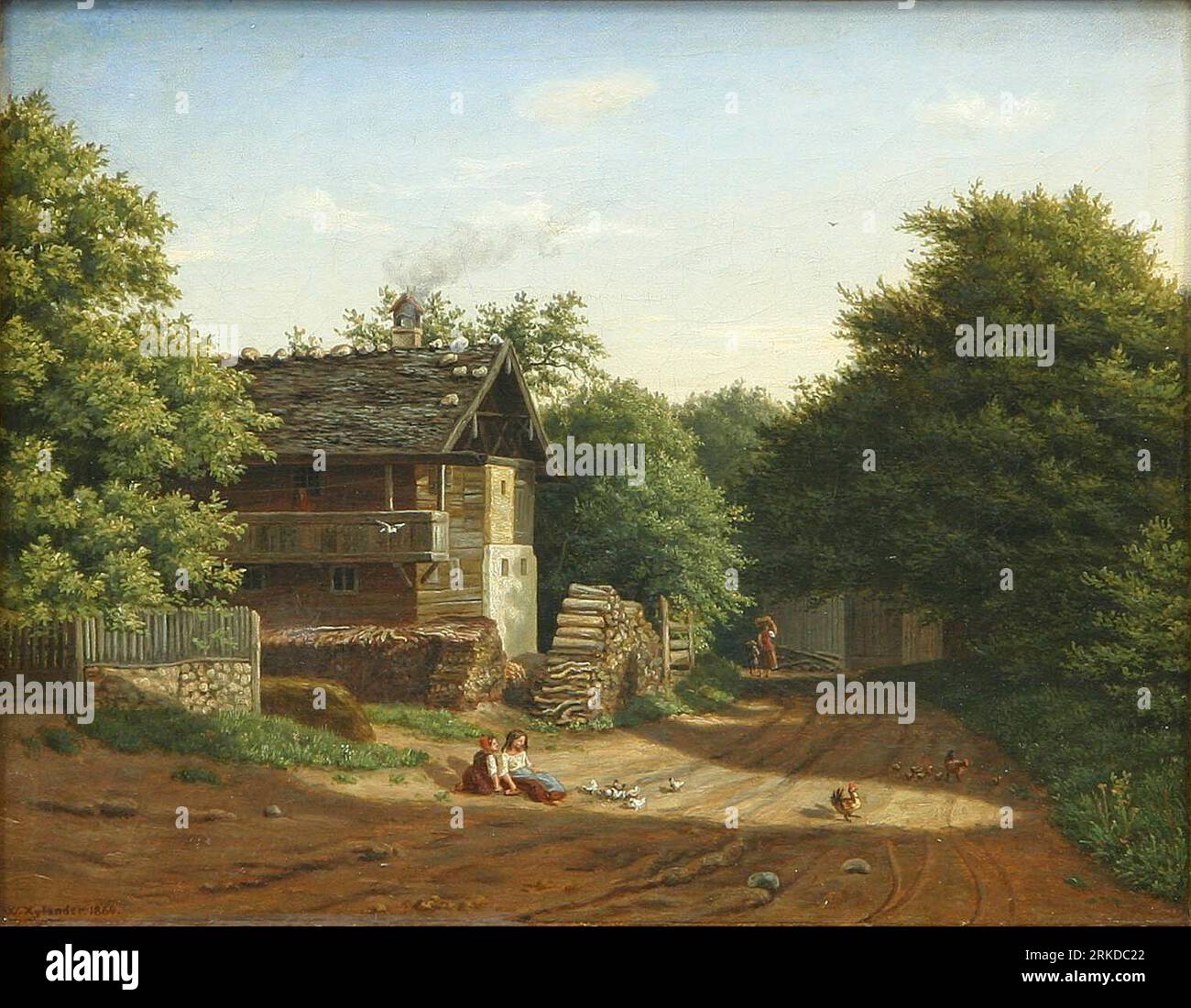 Landschaft aus Süddeutschland mit einem Haus und einigen Kindern. 1864 von Wilhelm Xylander Stockfoto