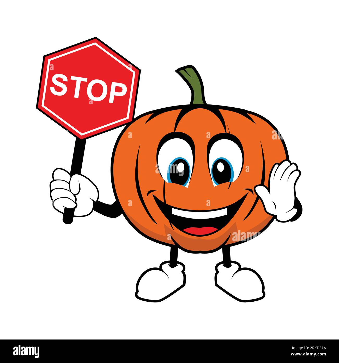 Pumpkin mascot holding up a Stop sign Stock Vektor