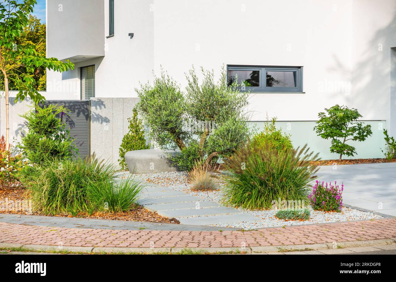 Der Innenhof eines modernen Hauses, Gartendetails mit bunten Pflanzen, trockene Grasbeete, umgeben von grauen Felsen. Stockfoto