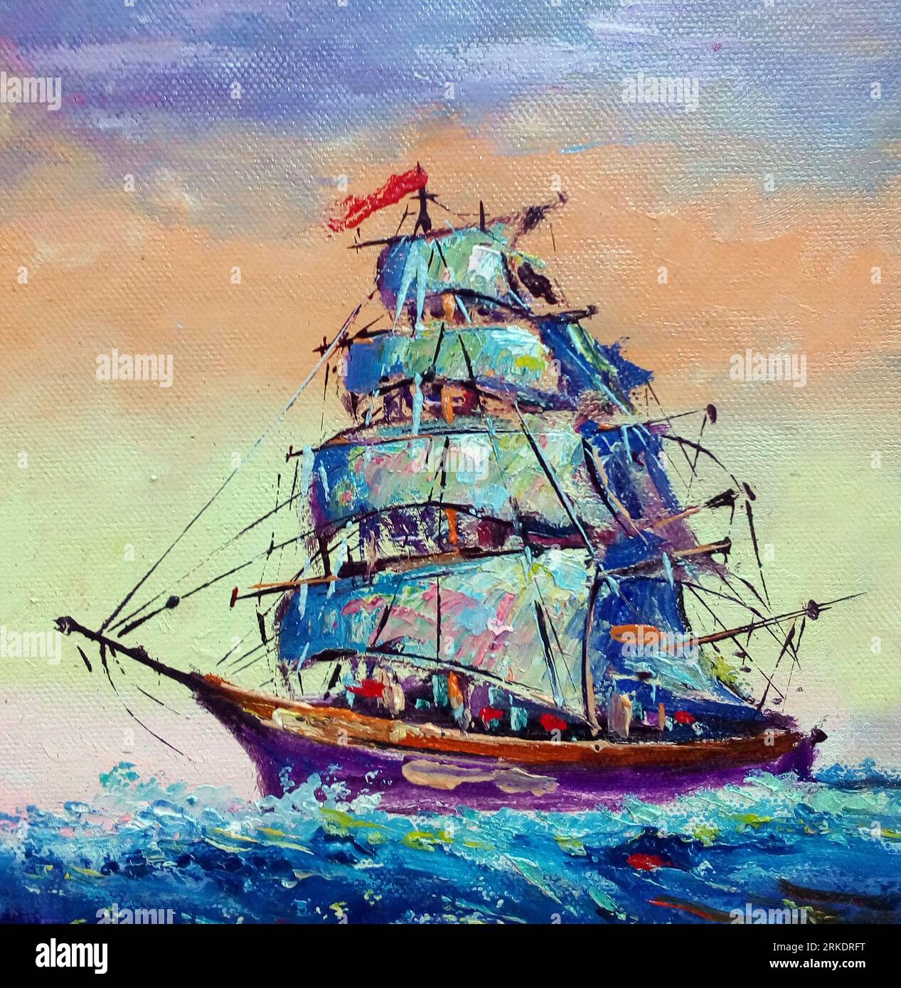 Kunst Malerei Ölfarbe Segelboot Stockfoto