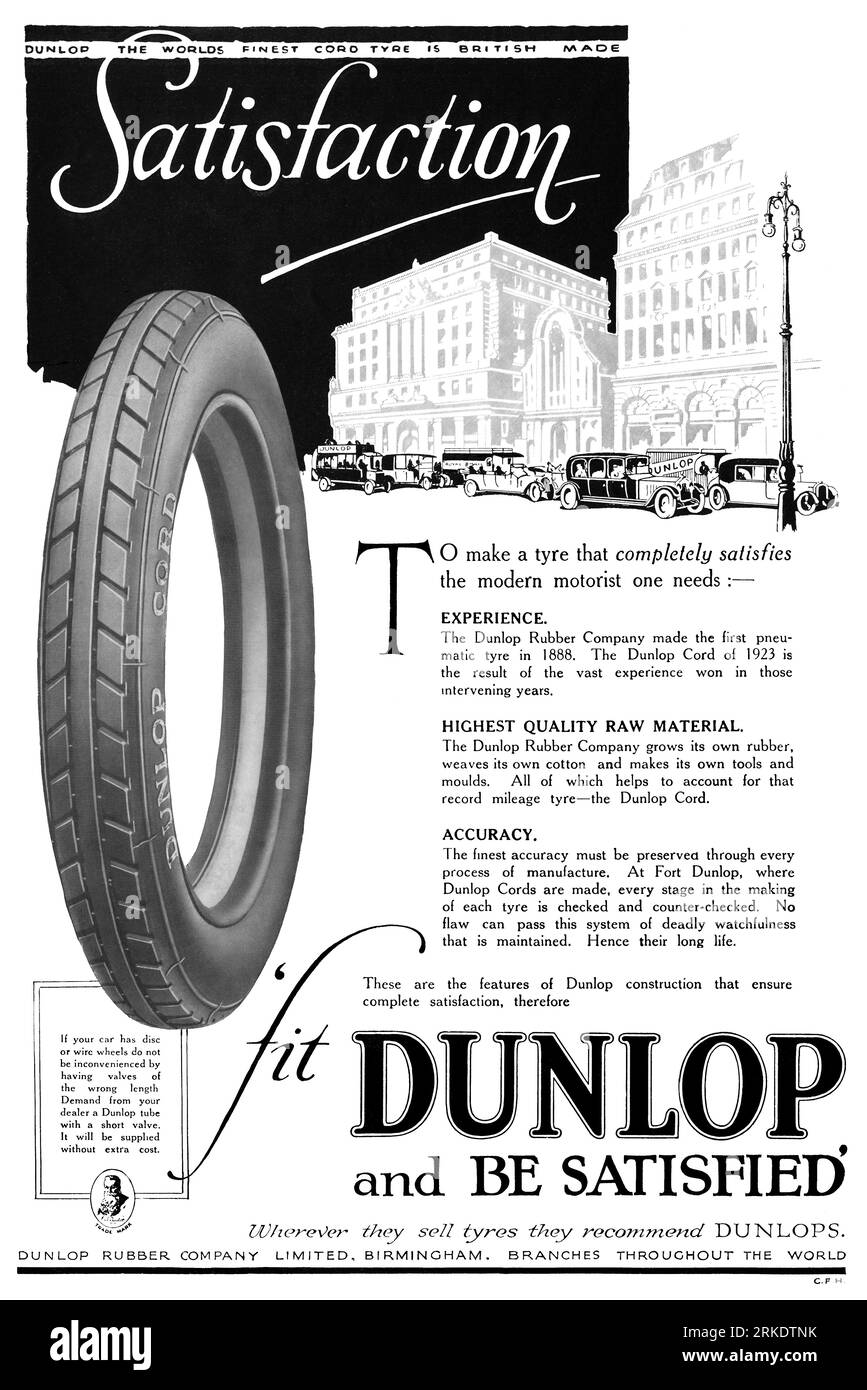 1923 britische Werbung für den Dunlop Cord Reifen. Stockfoto