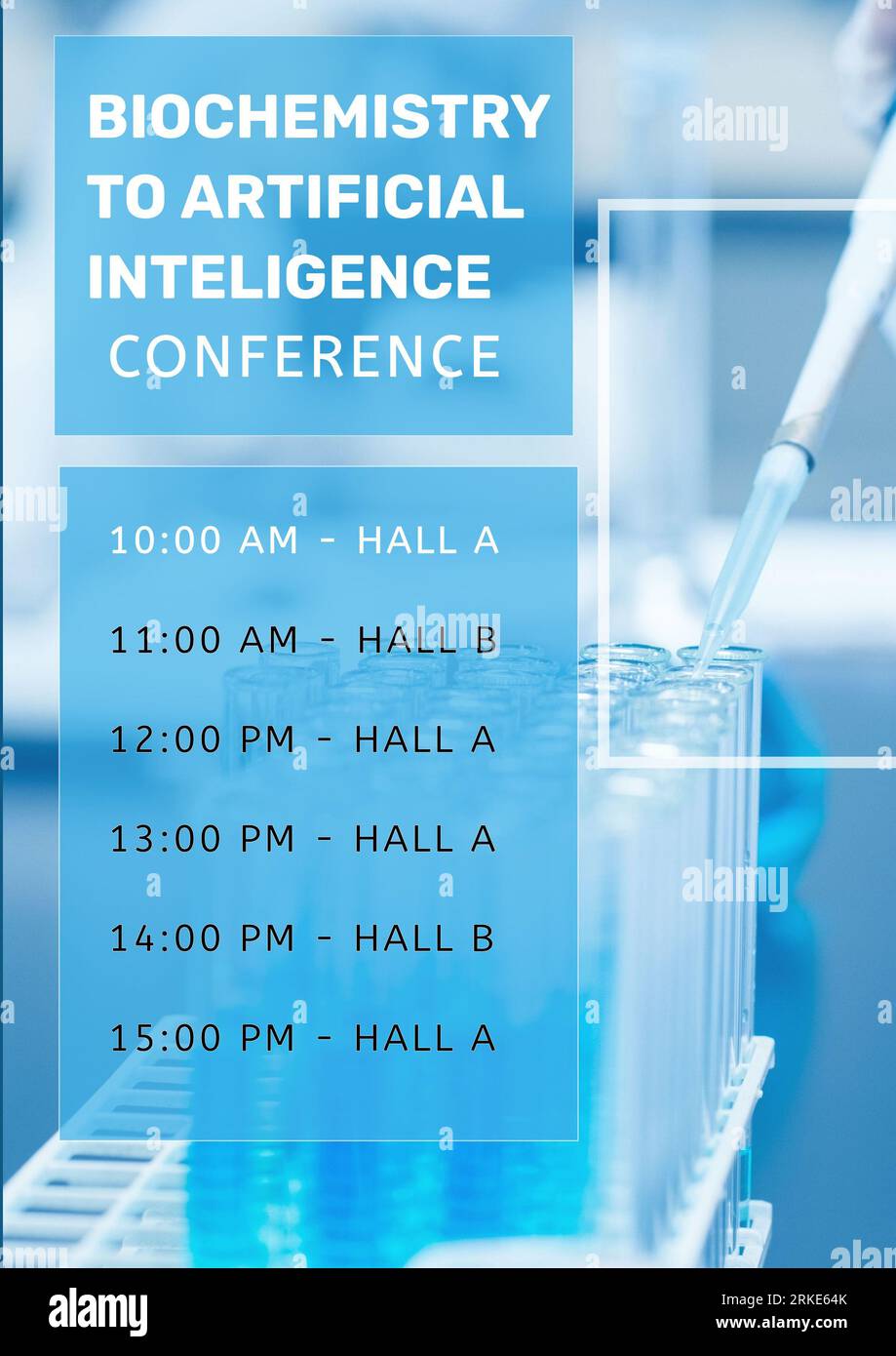 Kombination aus Biochemie und Konferenz mit künstlicher Intelligenz, Zeitpläne, Details zu Halle A und Halle B. Stockfoto