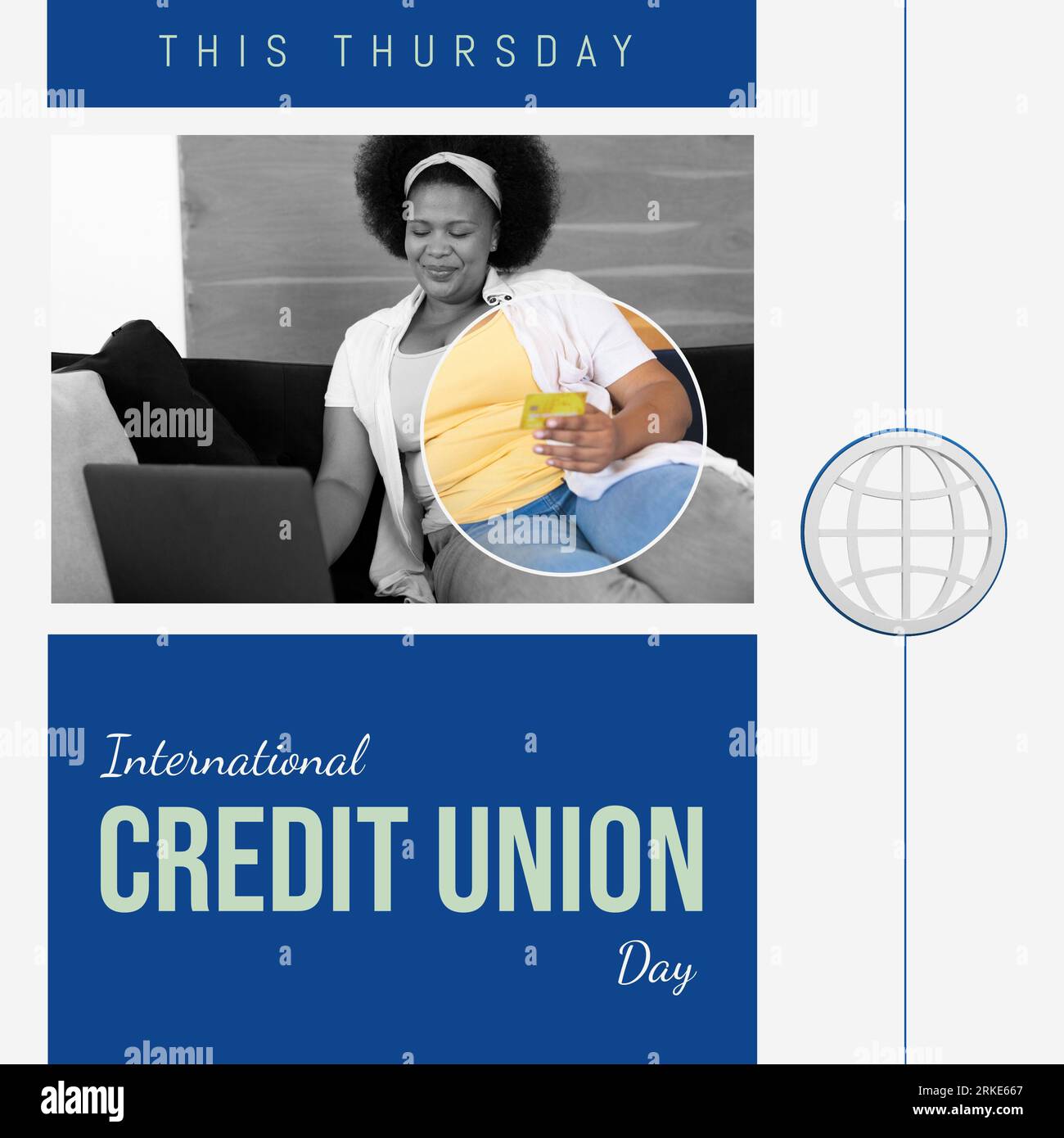 Zusammensetzung einer afroamerikanischen Frau mit Kreditkarte mit Laptop und internationalem Credit union Day Stockfoto