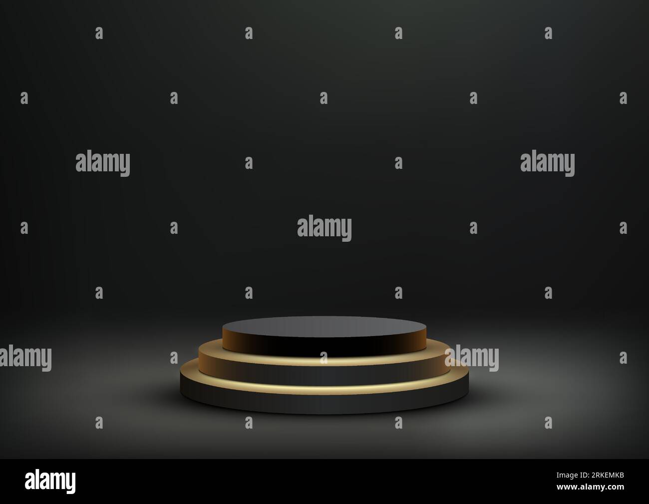 Realistisches 3D-Podium aus leerem Gold und schwarzem Zylinder auf dunklem Hintergrund im modernen Luxus-Stil. Verwendung für kosmetische Präsentationen, Ausstellungsmodelle, Stock Vektor