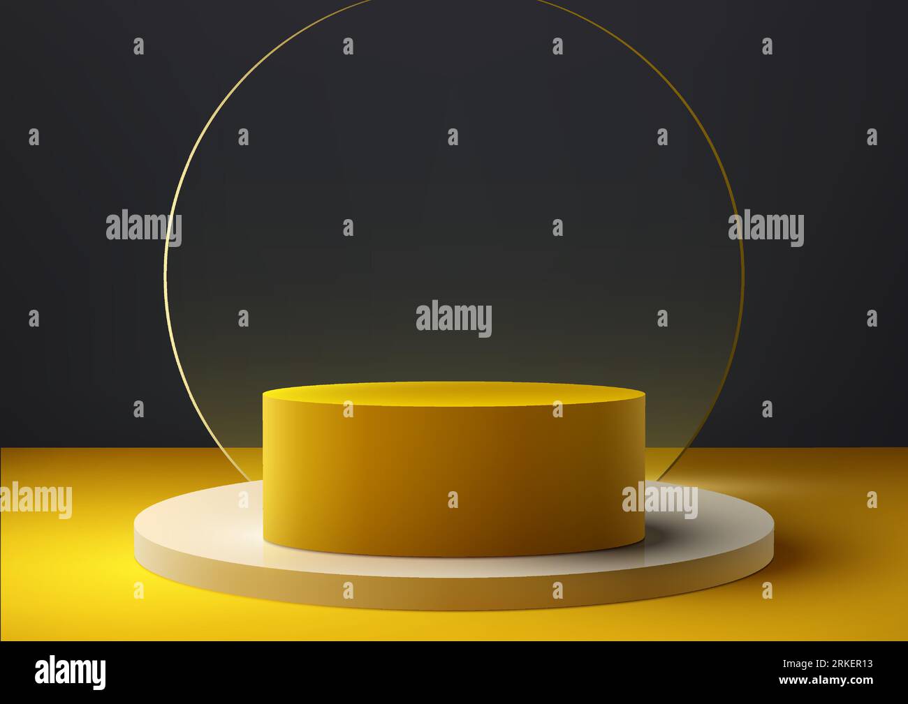 Die weiße und gelbe 3D-Vektorillustration für Podiumständer eignet sich perfekt für Mockups mit modernen Innenkonzepten. Der Ständer ist auf eine gelbe Farbe gesetzt Stock Vektor