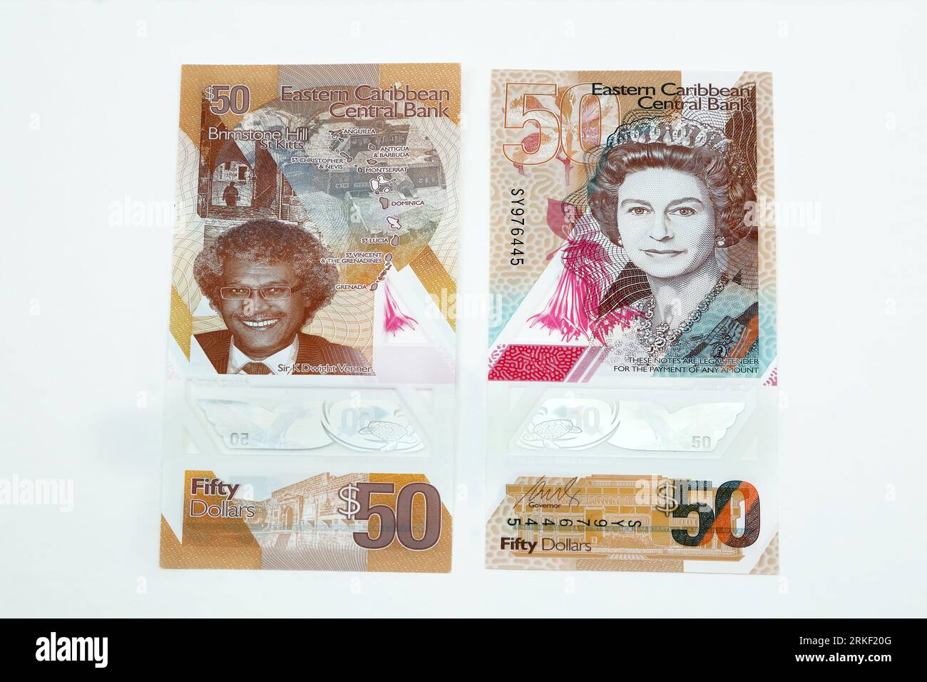 Eastern Caribbean Central Bank Polymer Fifty Dollars 2019 Ausgabe Vertical Format Reverse Side Sir K Dwight Venner und Brimstone Hill Fortress Obverse Stockfoto