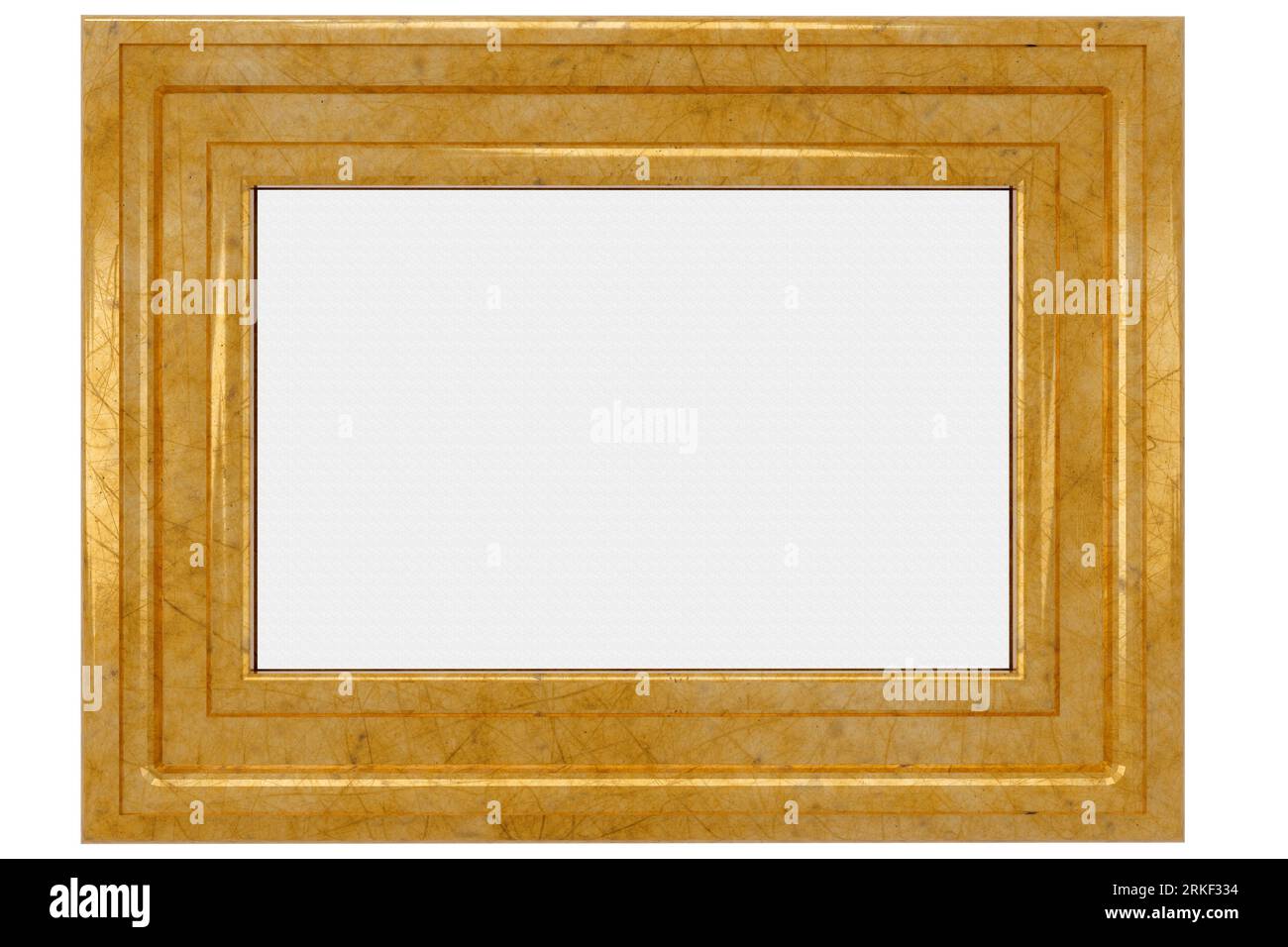 Goldener Rahmen, mit zentralem Leerraum für die mögliche Einfügung von Bildern oder Text. 3D-Illustration Stockfoto